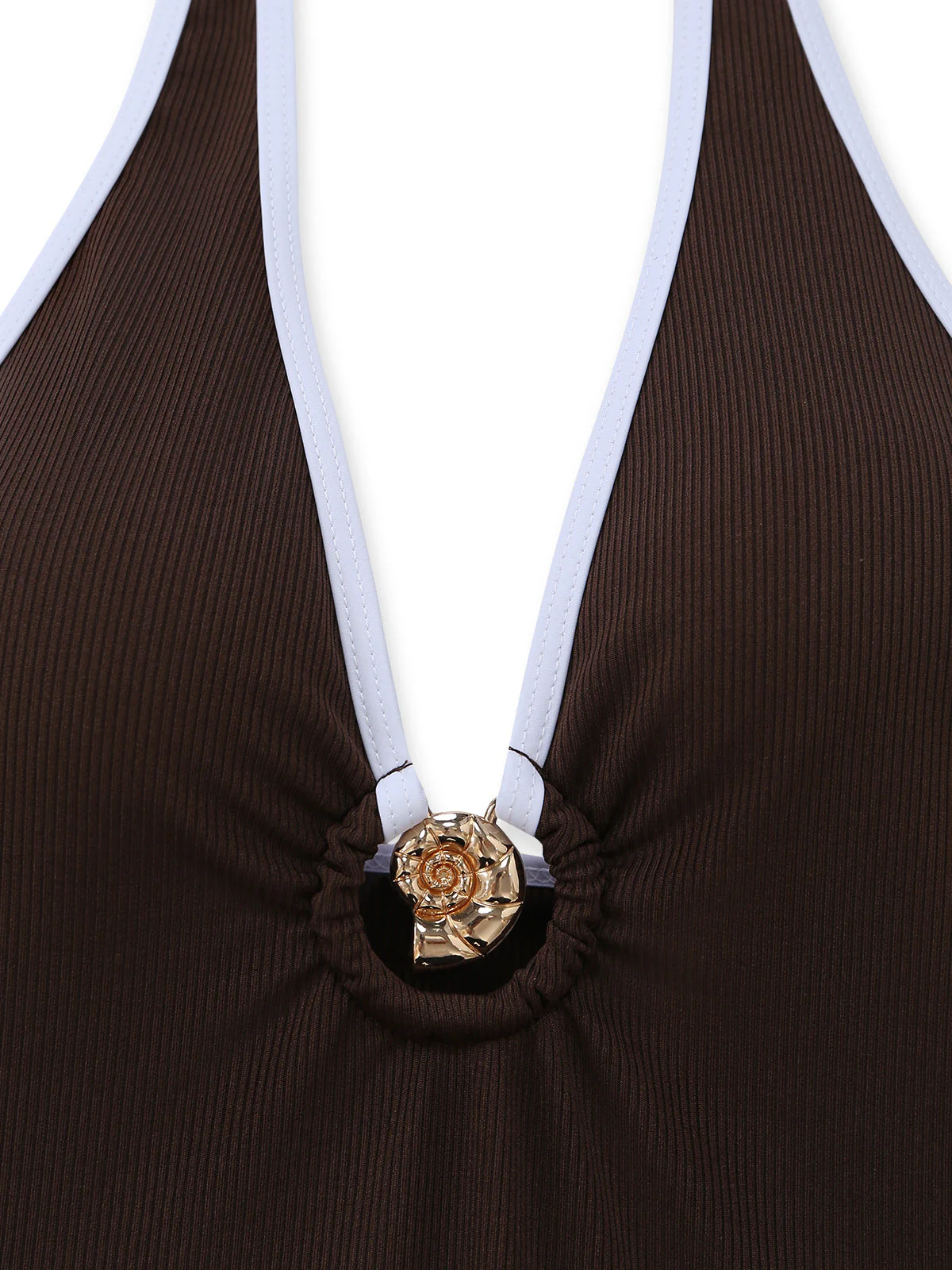 Coffee 1950s Halter Drawstring Ruched Tankini Set - Image 3