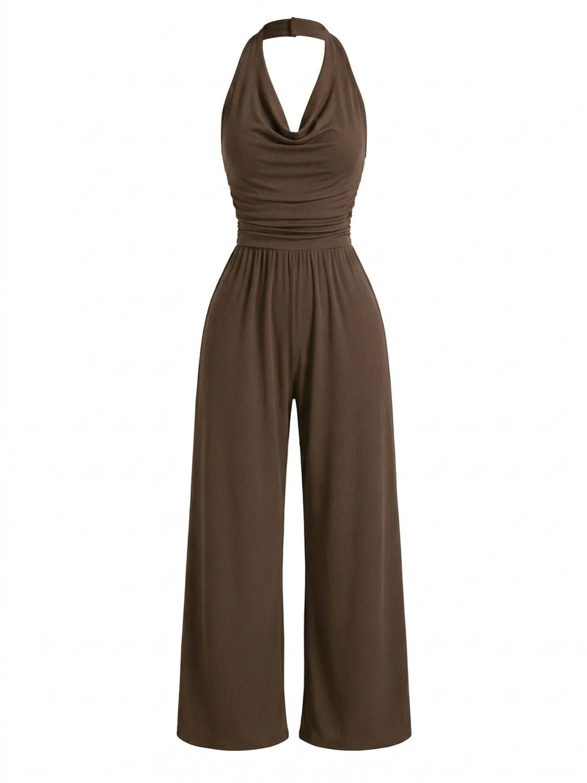 Coffee 1950s Solid Ribbed Cowl Neck Halter Backless Jumpsuit - Image 2