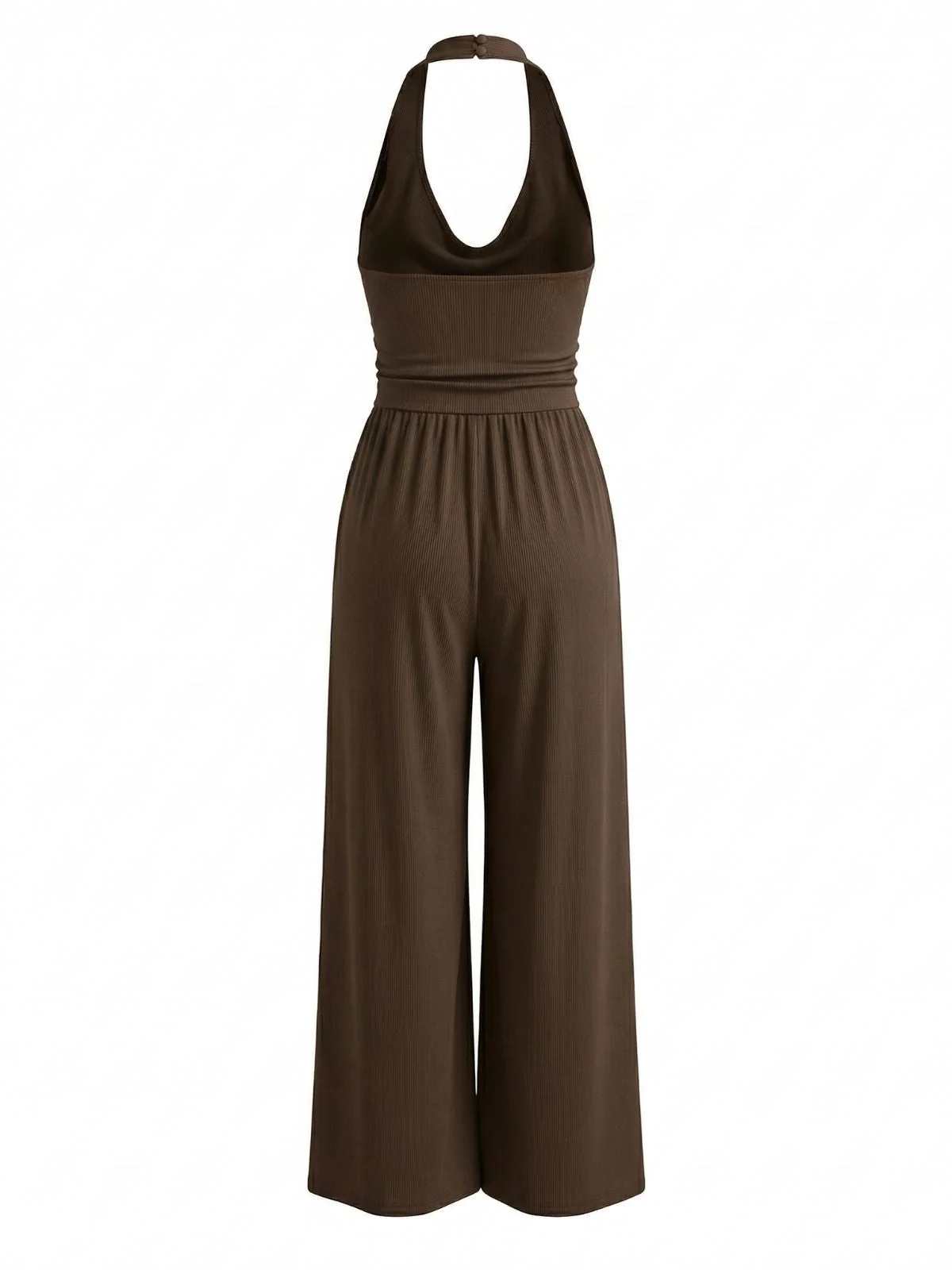 Coffee 1950s Solid Ribbed Cowl Neck Halter Backless Jumpsuit - Image 3