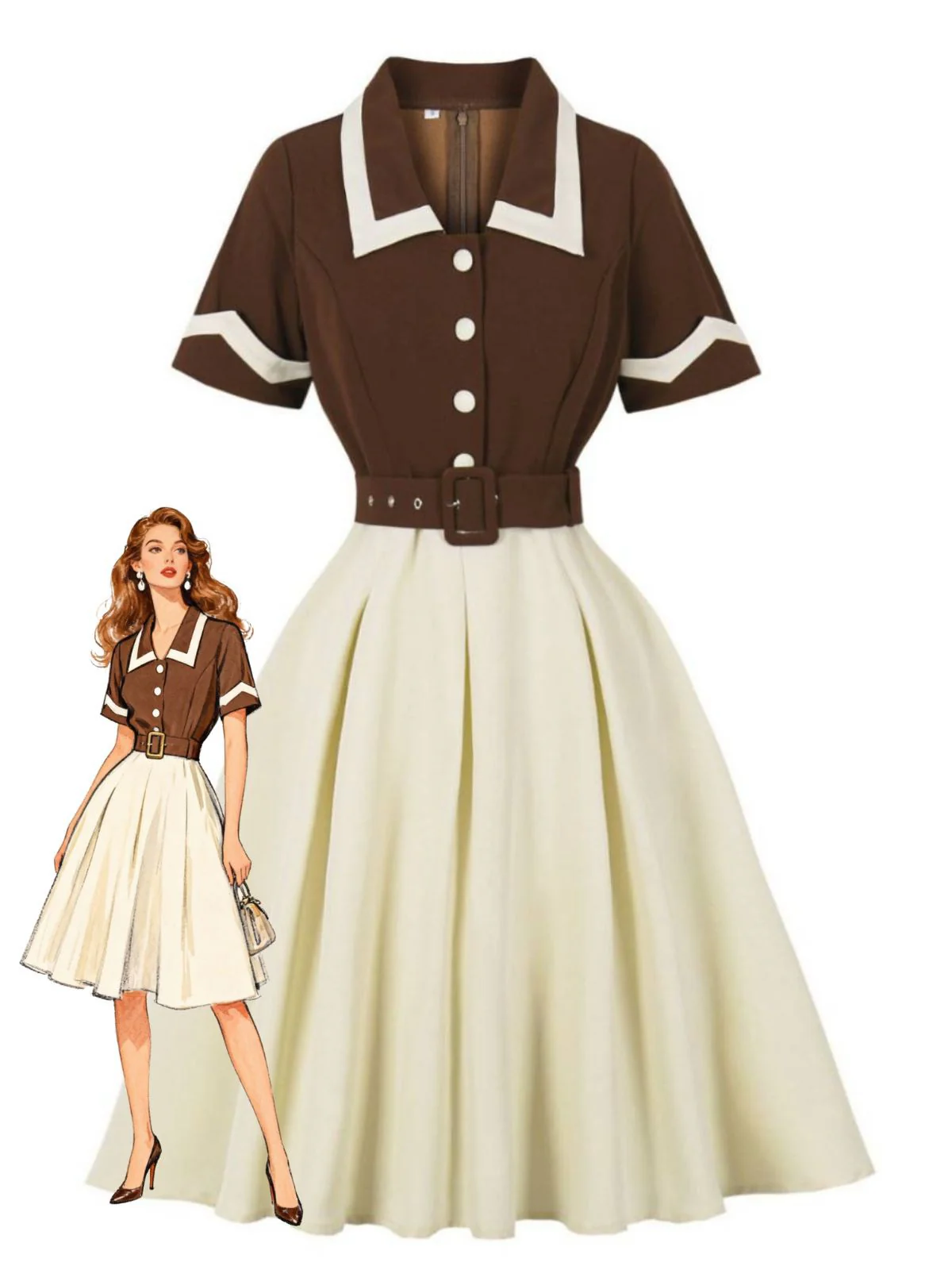 Coffee & Beige 1950s Contrast Lapel Belted Dress - Image 2