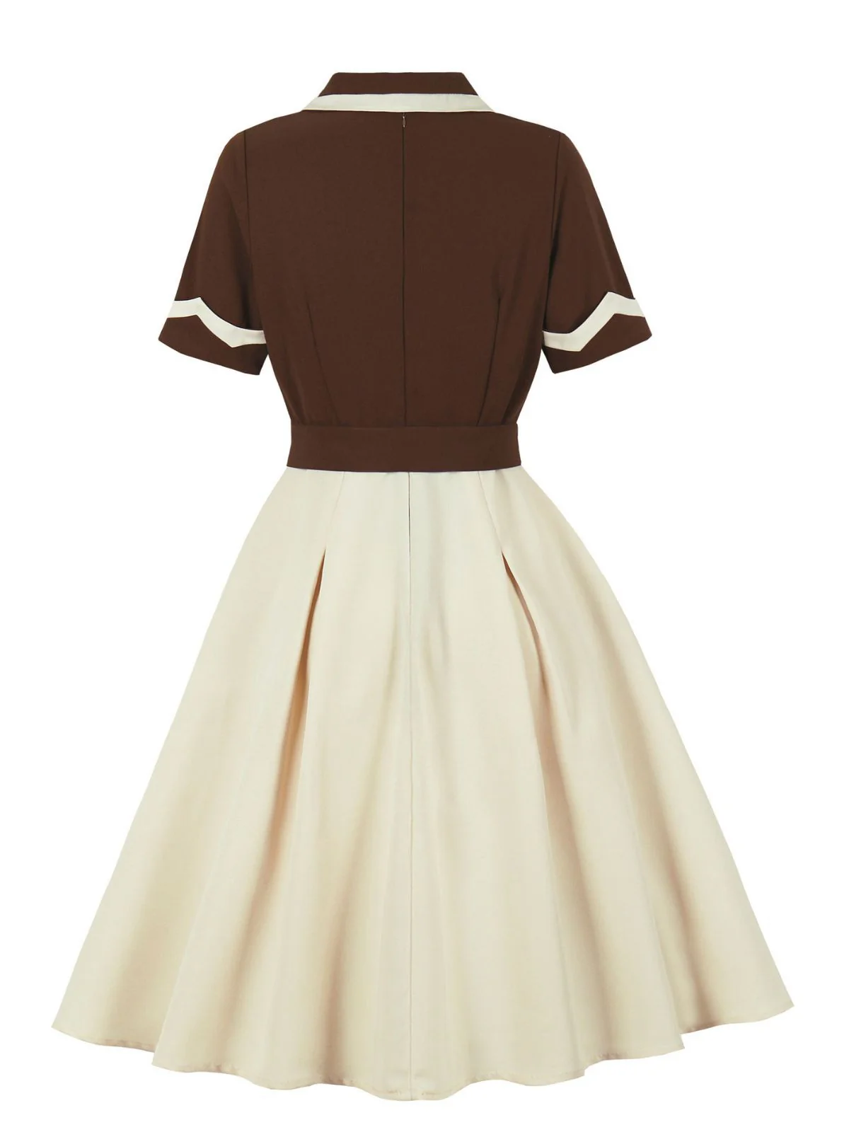 Coffee & Beige 1950s Contrast Lapel Belted Dress - Image 3