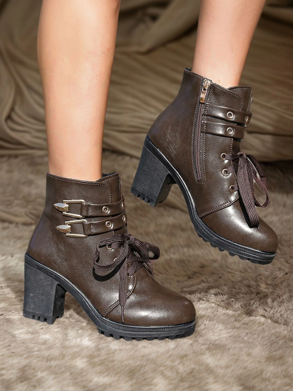 Coffee Leather Lace-Up High Heel Ankle Boots - Image 3
