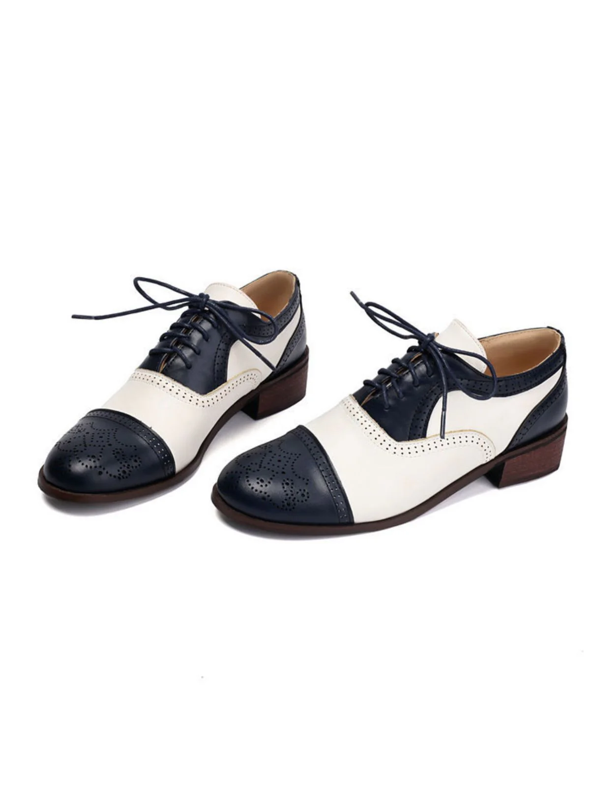 Colorblock Leather Round Toe Strappy Oxford Shoes - Image 7
