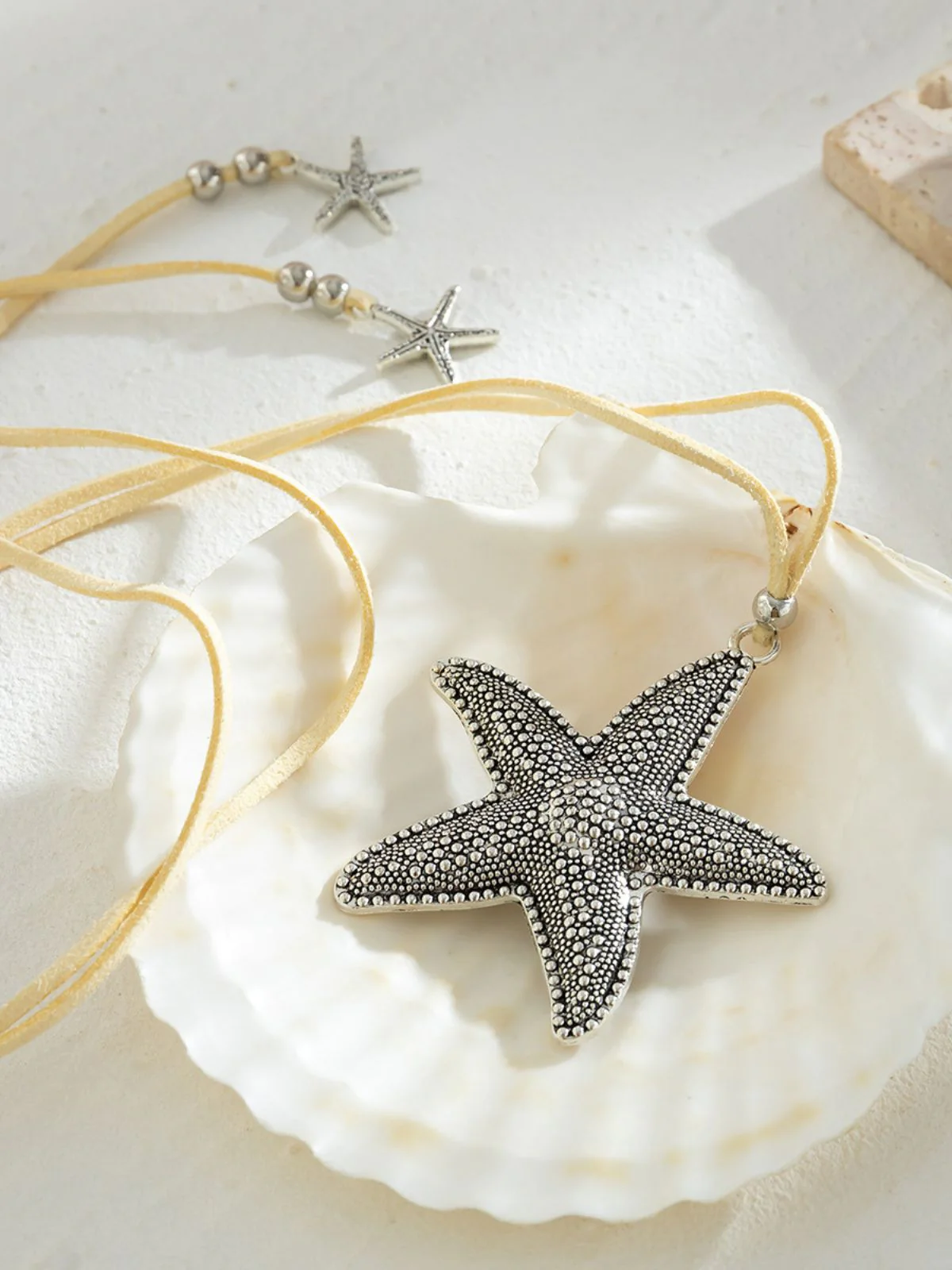 Conch Starfish Pendant Leather Cord Necklace - Image 3