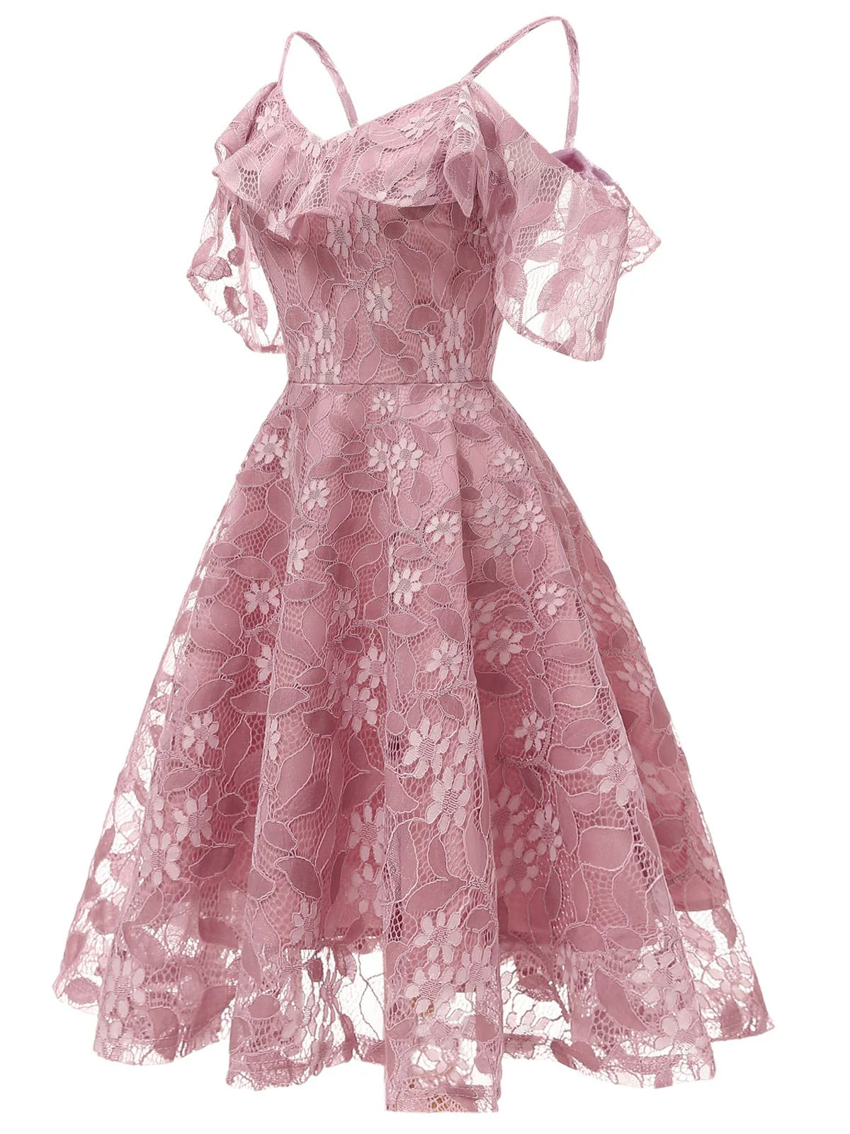 1950s Lace Cold Shoulder Ruffle Dress - Image 14