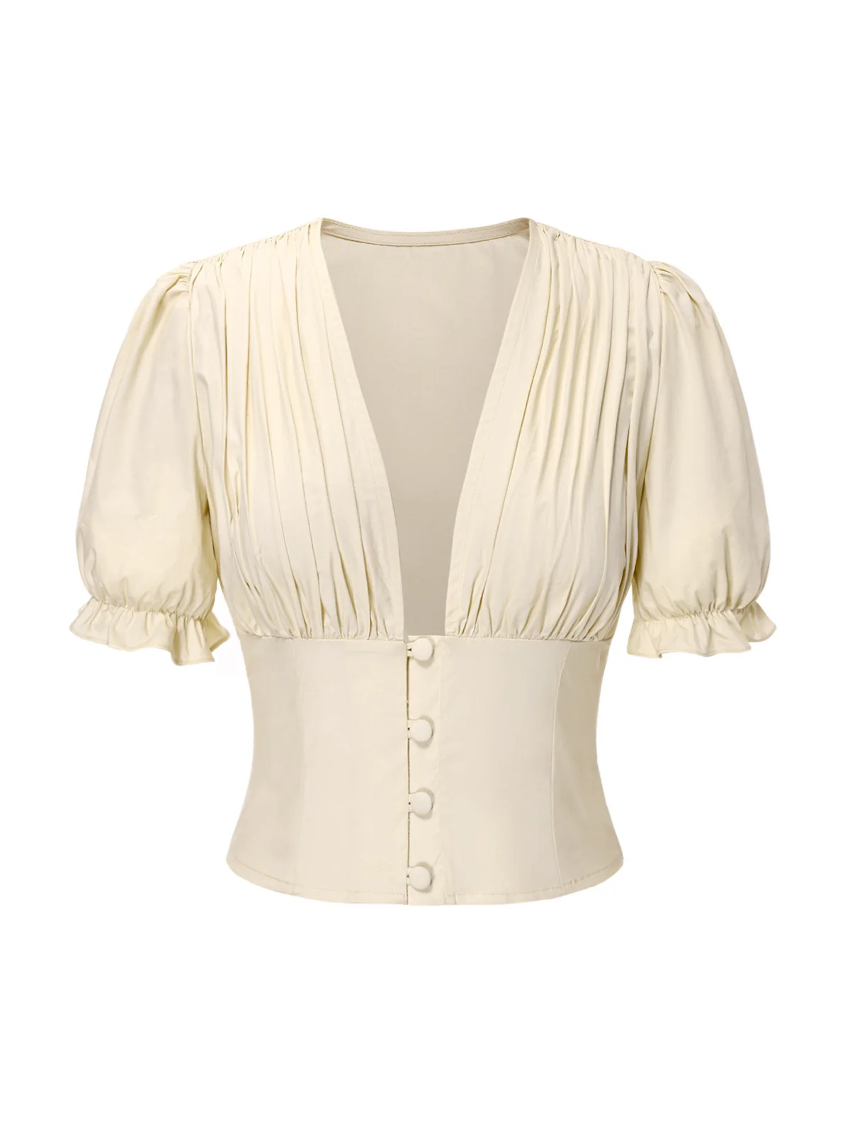 Cream 1940s Cotton Deep V-Neck Ruched Top - Image 2