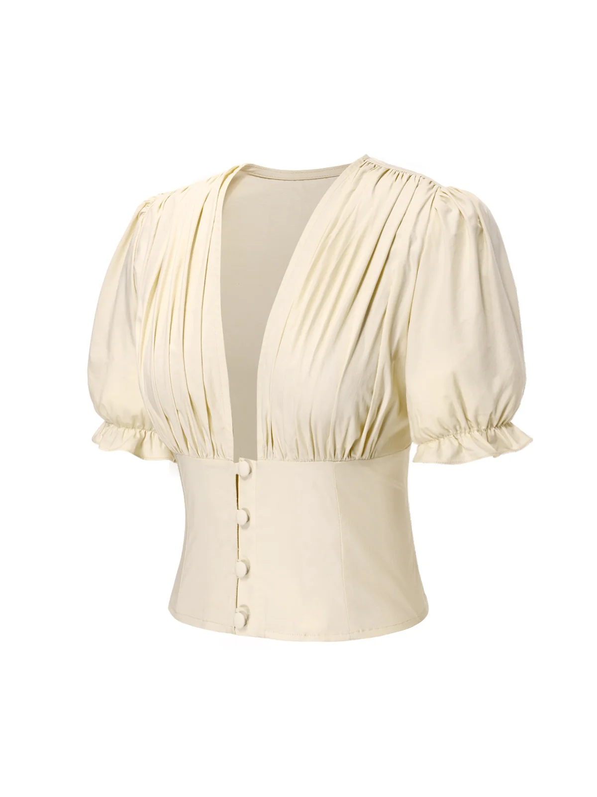 Cream 1940s Cotton Deep V-Neck Ruched Top - Image 3
