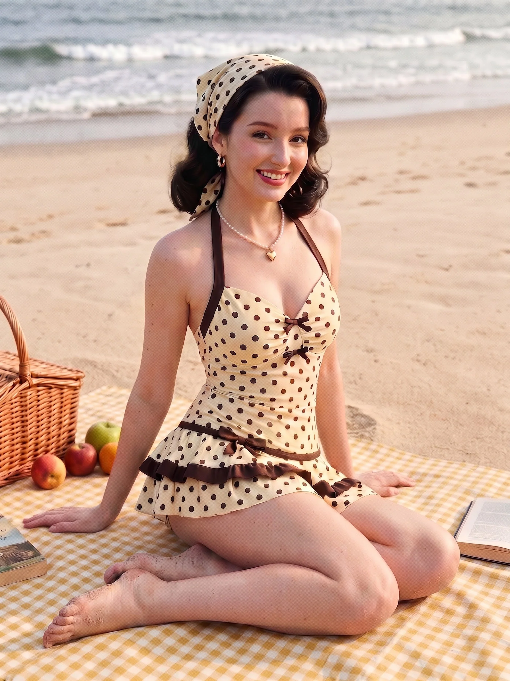 [Pre-Sale] Cream 1940s Halter Bow Polka Dot Swim Dress - Image 3