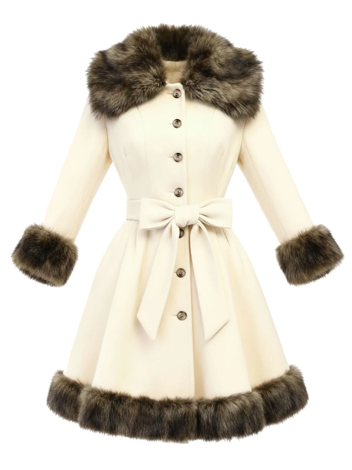 Cream 1950s Fur Collar Patchwork Coat - Image 2