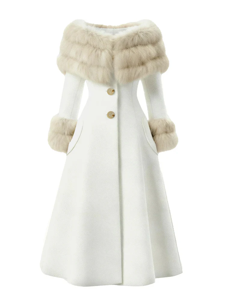 Cream 1950s Multi-Layer Fur Collar Patchwork Coat - Image 2