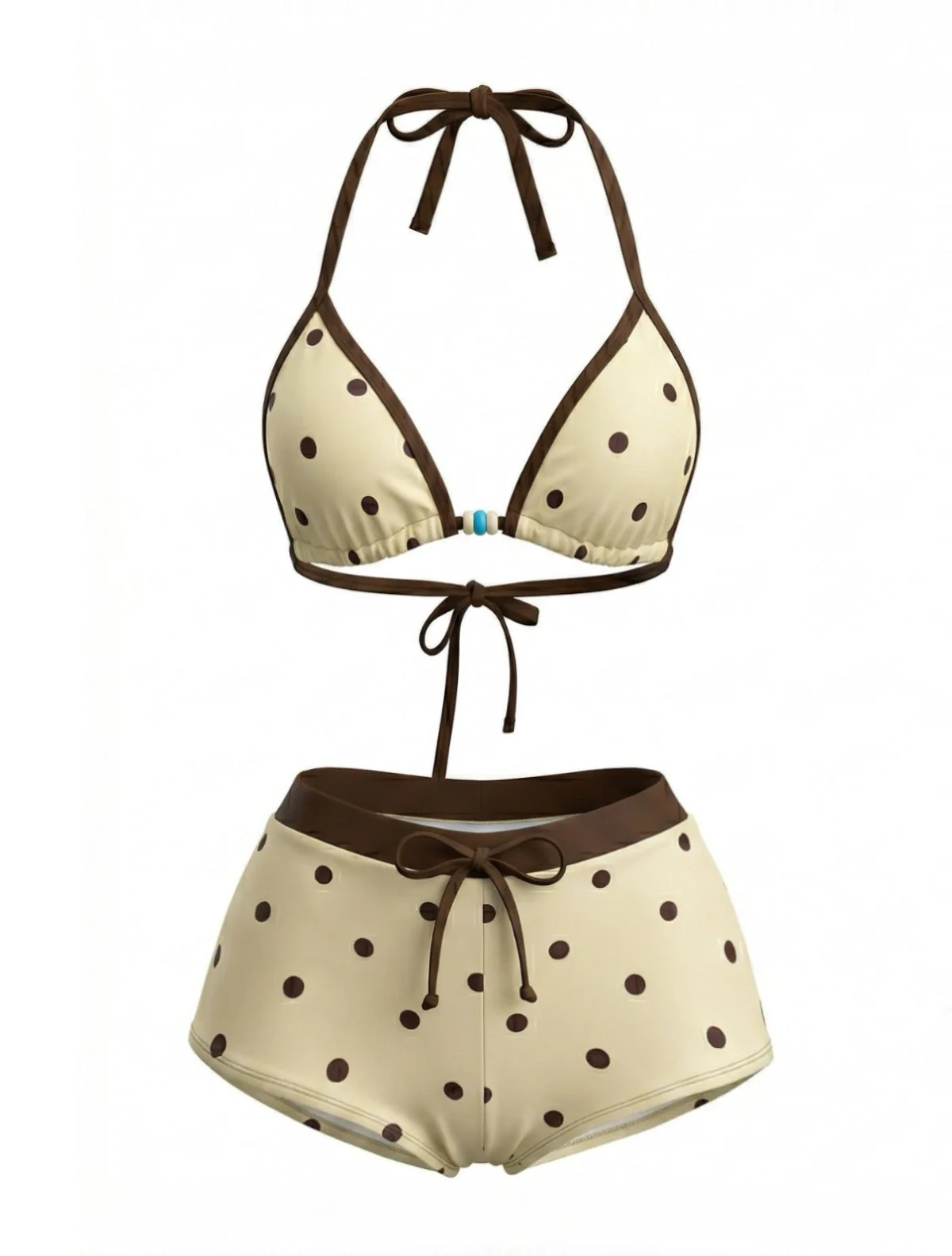 Cream Yellow 1980s Polka Dot Halter Bikini Set - Image 2