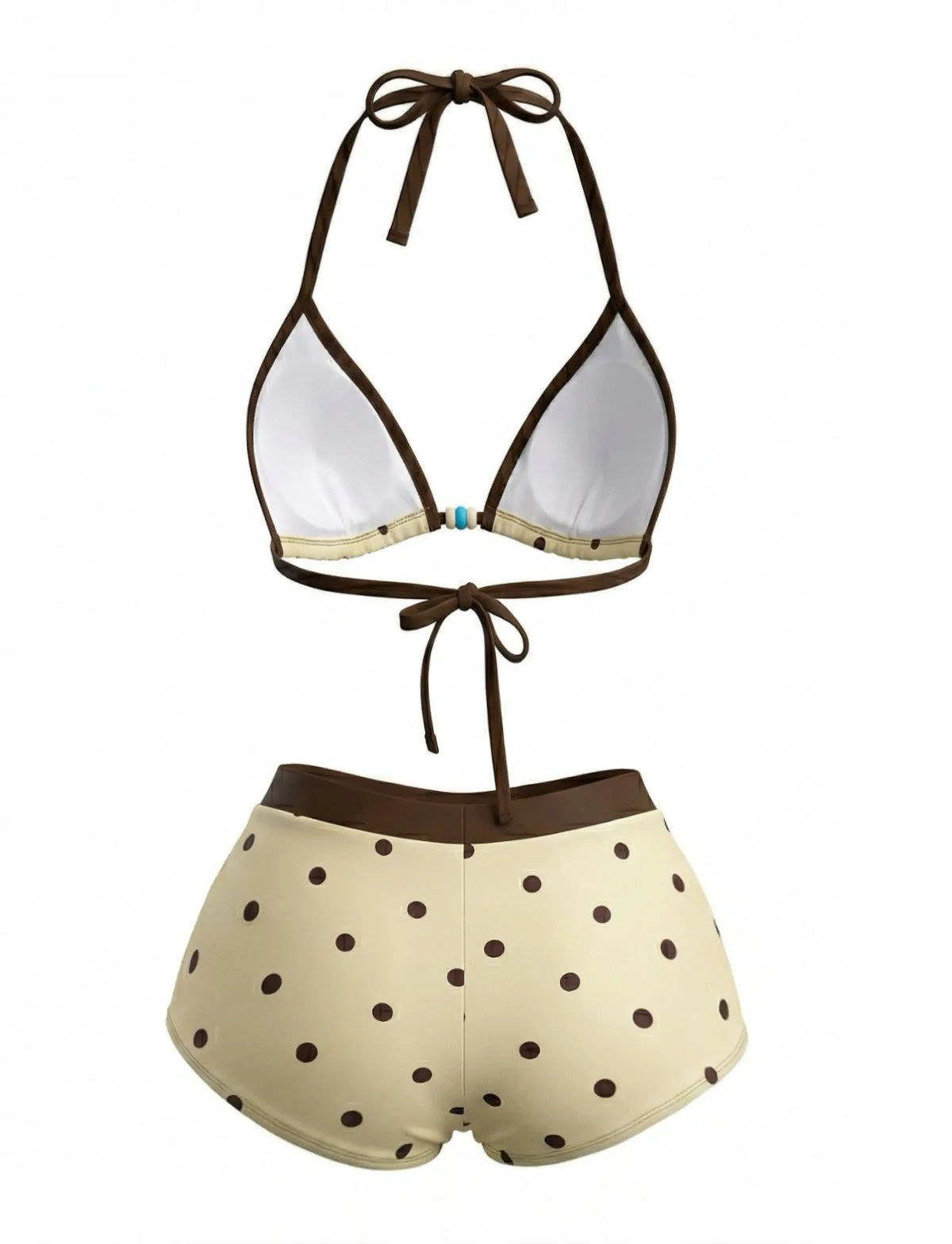 Cream Yellow 1980s Polka Dot Halter Bikini Set - Image 3