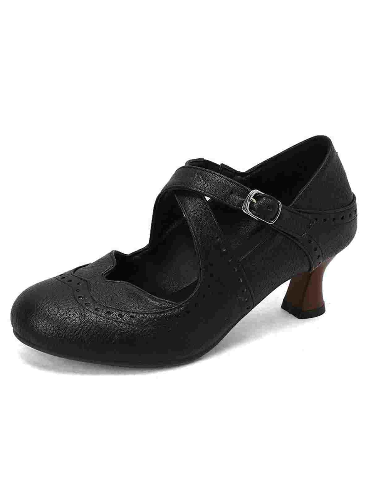 Cross-Strap Perforated Mary Jane Heels - Image 10