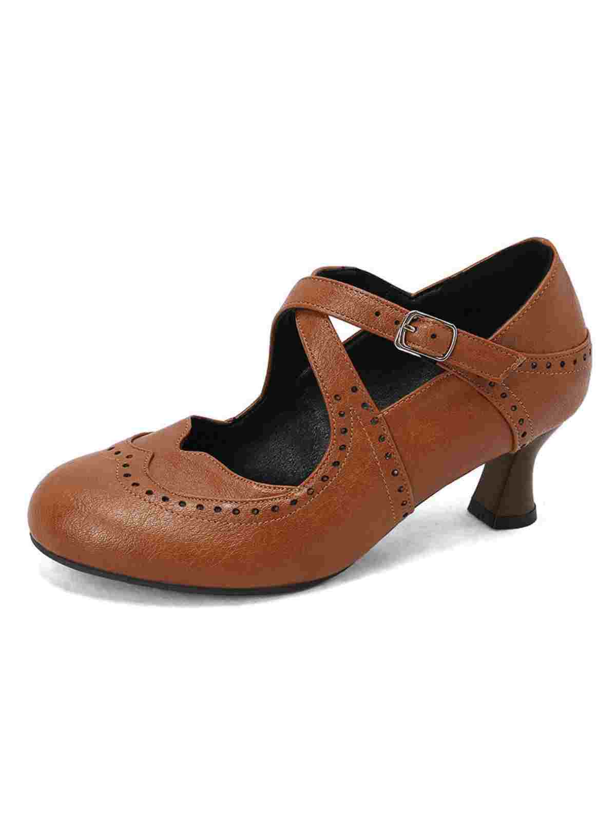 Cross-Strap Perforated Mary Jane Heels - Image 2