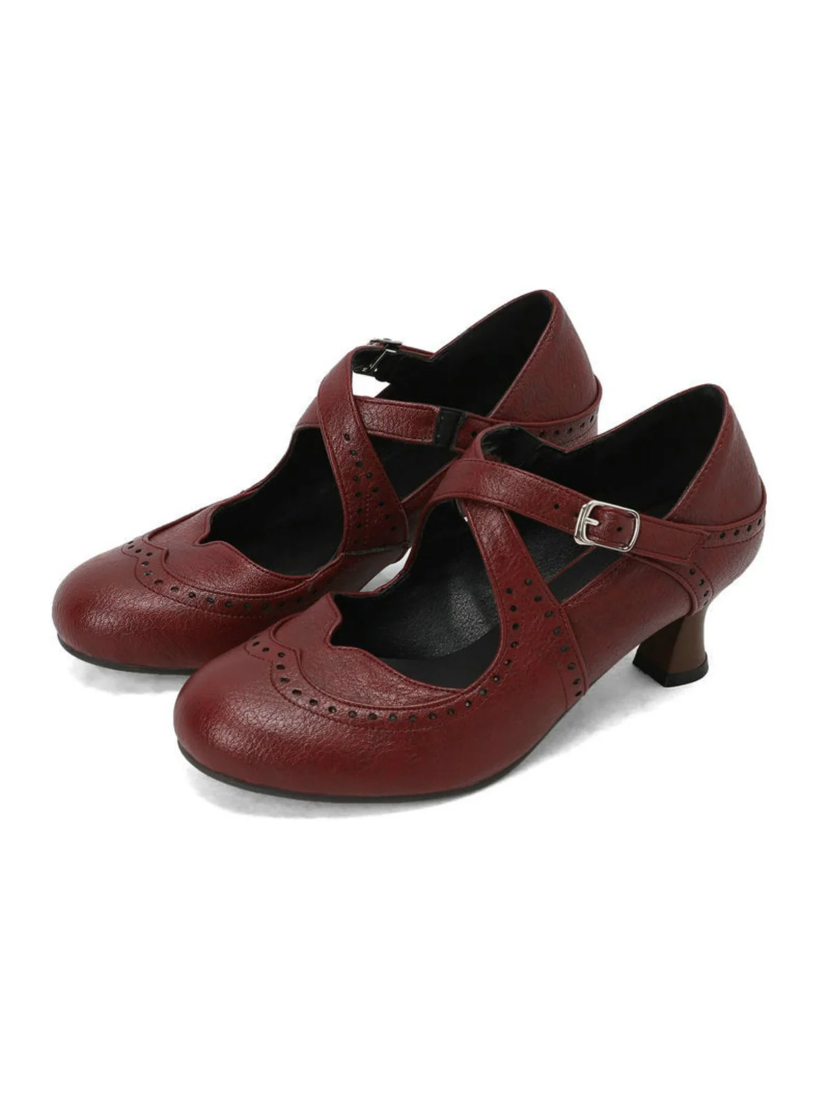Cross-Strap Perforated Mary Jane Heels - Image 3
