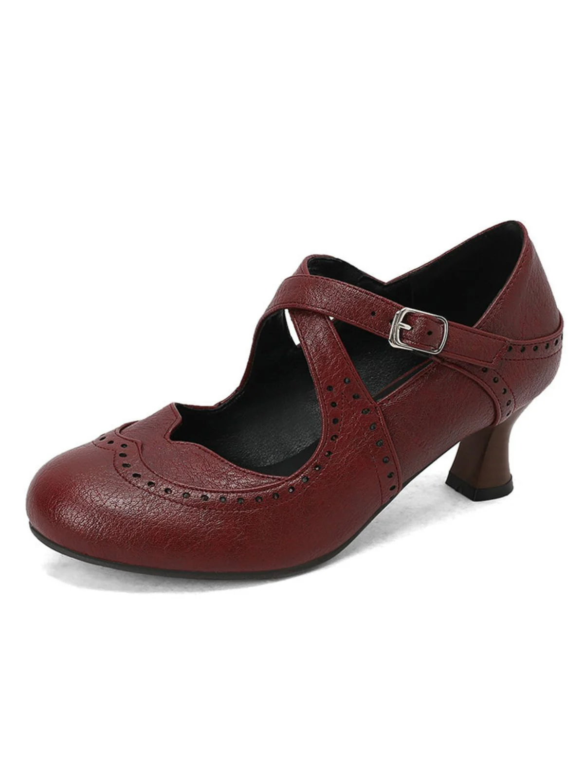 Cross-Strap Perforated Mary Jane Heels - Image 4