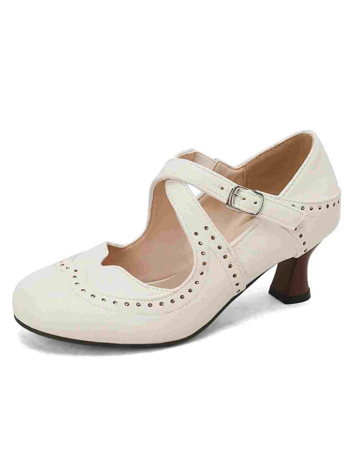 Cross-Strap Perforated Mary Jane Heels - Image 6
