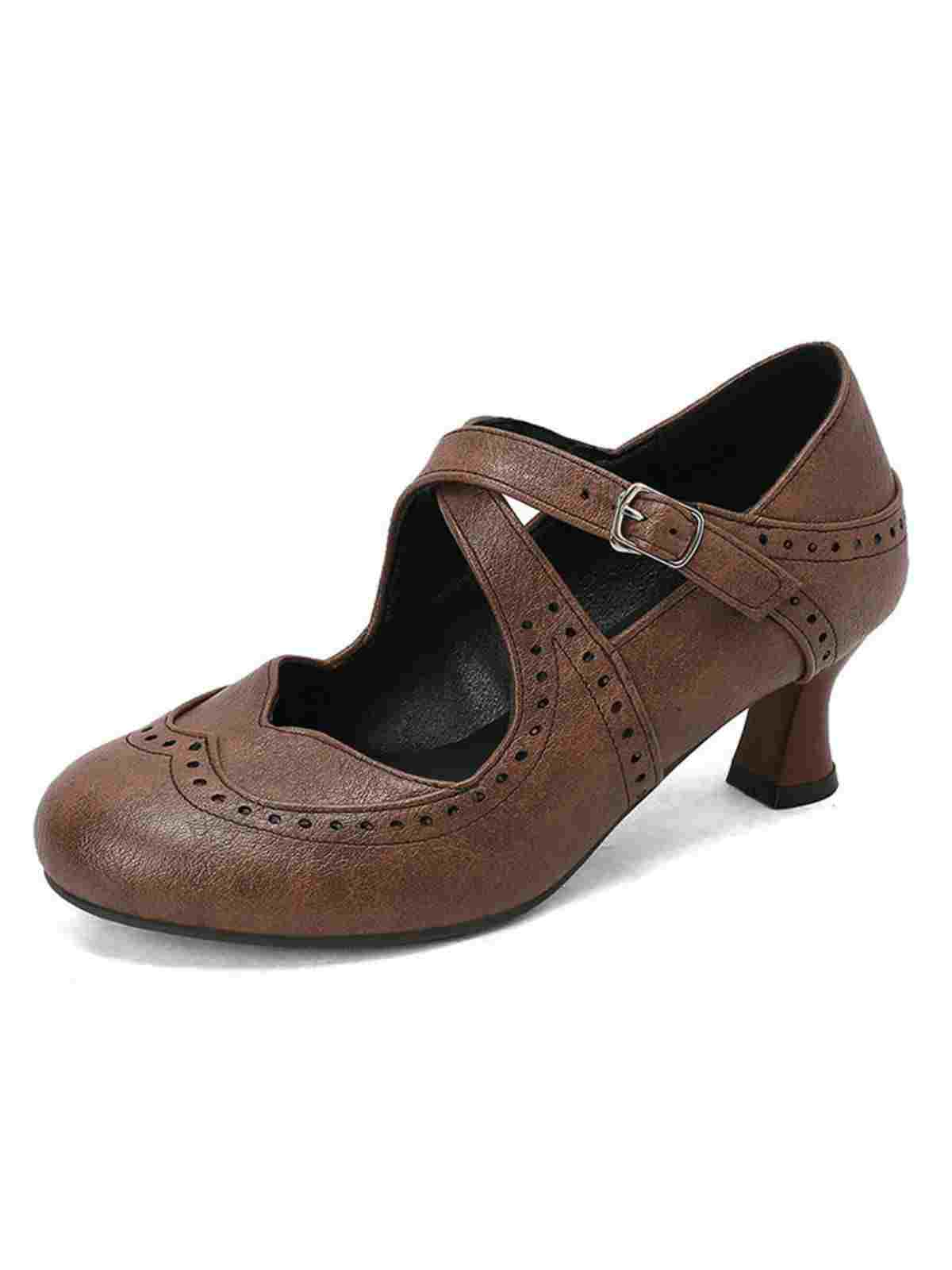 Cross-Strap Perforated Mary Jane Heels - Image 8