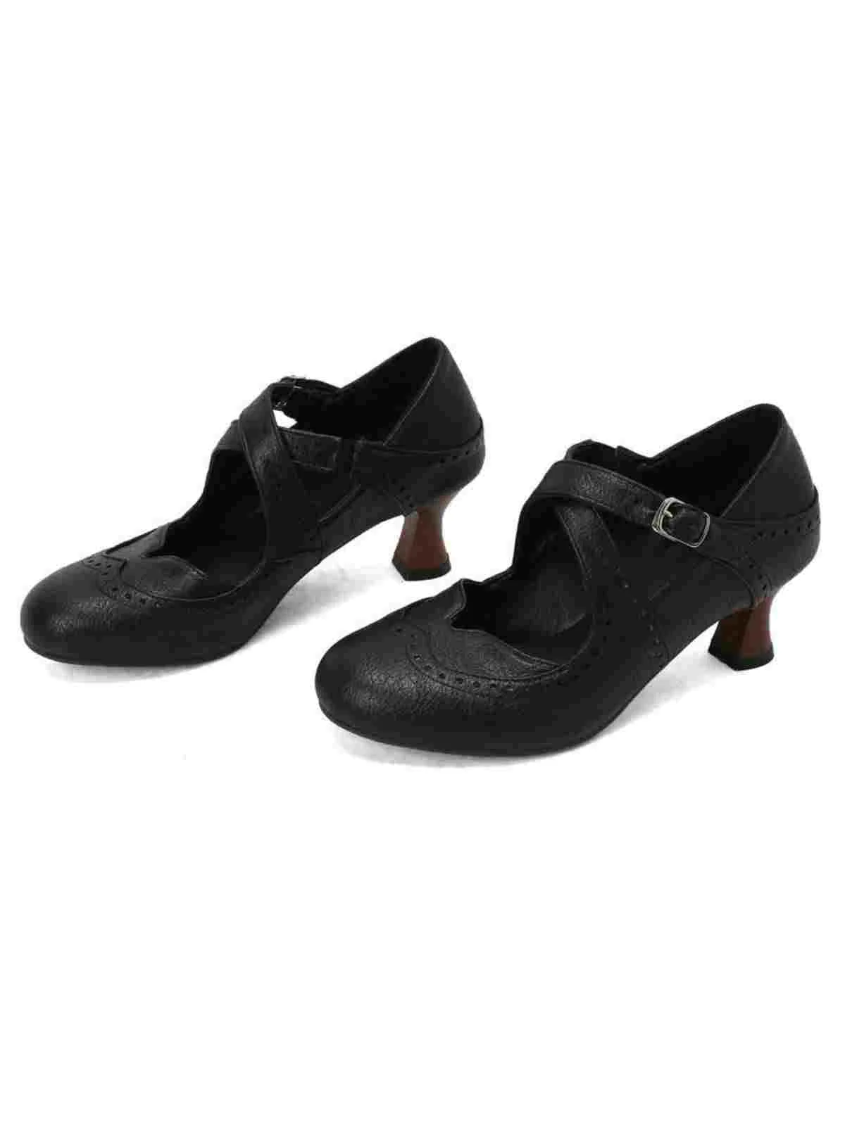 Cross-Strap Perforated Mary Jane Heels - Image 9
