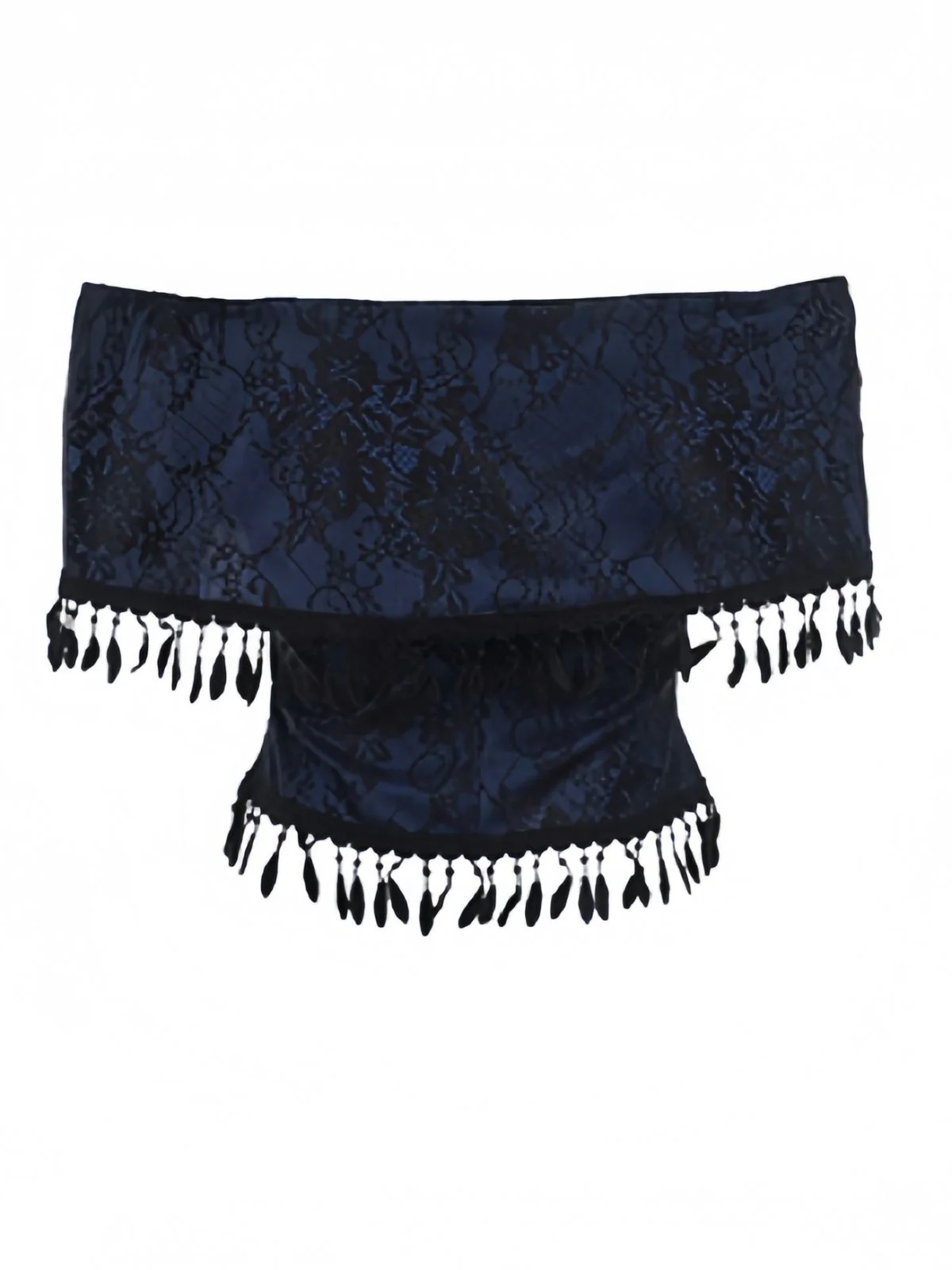 Dark Blue 1930s Halloween Off-Shoulder Lace Tassel Top - Image 2