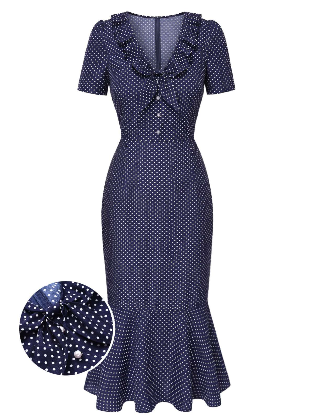 Dark Blue 1930s Polka Dot Ruffled Collar Fishtail Dress - Image 2