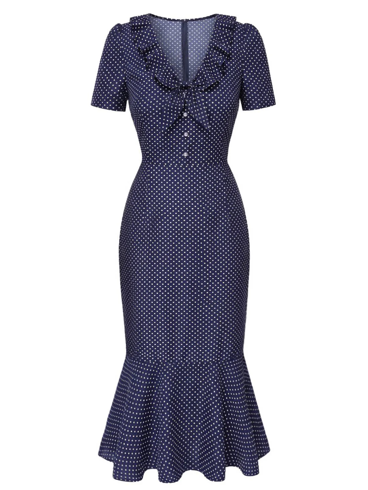 Dark Blue 1930s Polka Dot Ruffled Collar Fishtail Dress - Image 3