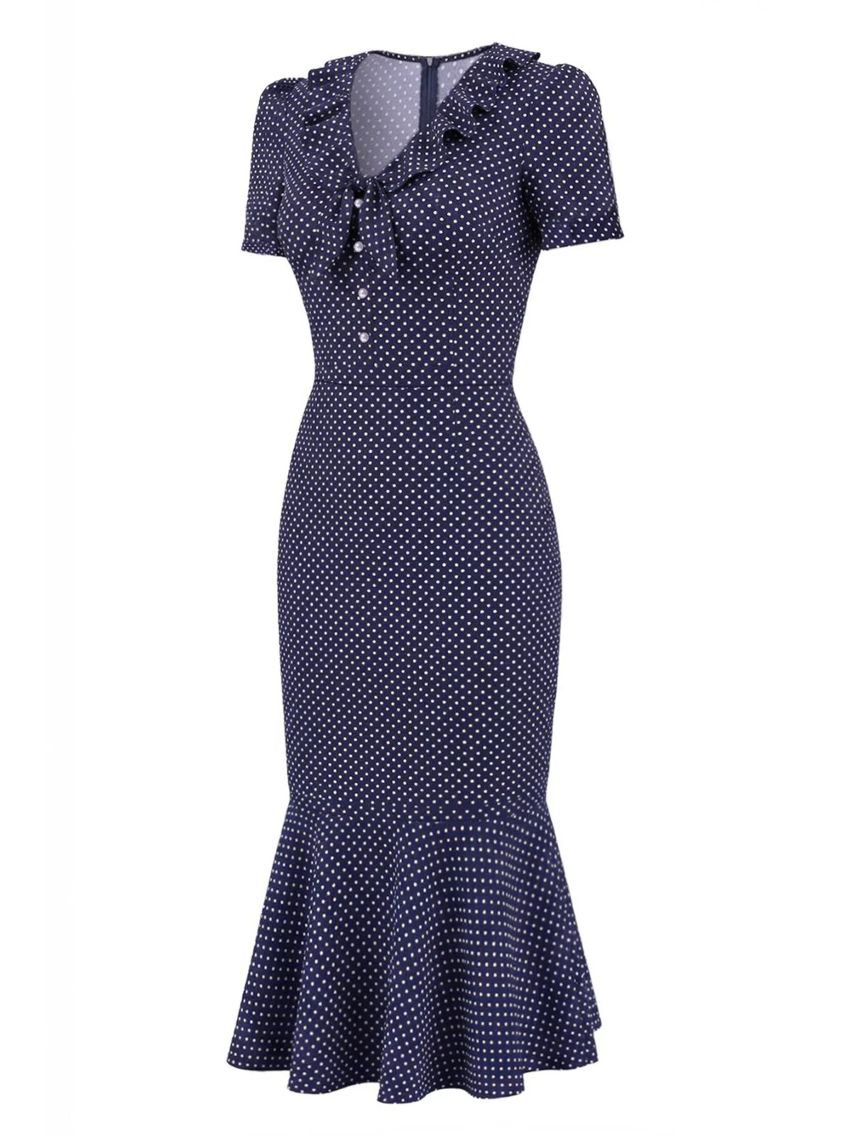 Dark Blue 1930s Polka Dot Ruffled Collar Fishtail Dress - Image 4