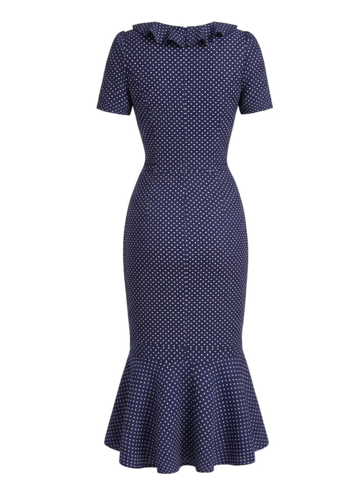 Dark Blue 1930s Polka Dot Ruffled Collar Fishtail Dress - Image 5