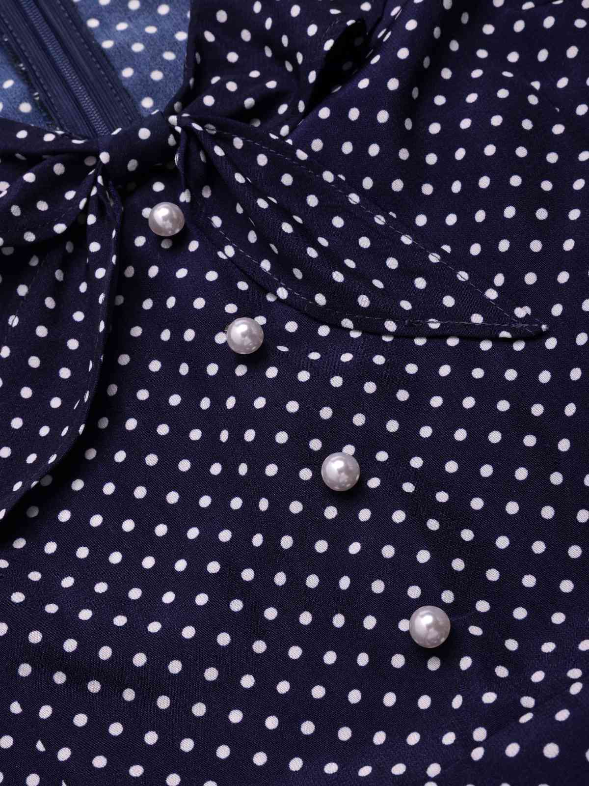 Dark Blue 1930s Polka Dot Ruffled Collar Fishtail Dress - Image 7
