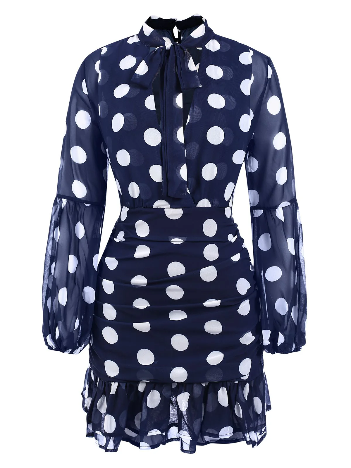 Dark Blue 1930s Polka Dots Hollow Out Ruffle Dress - Image 2
