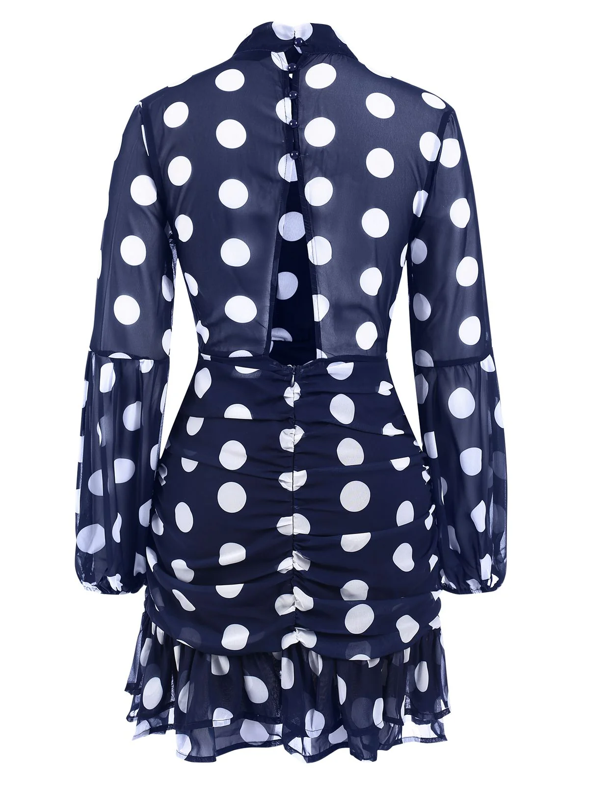 Dark Blue 1930s Polka Dots Hollow Out Ruffle Dress - Image 3