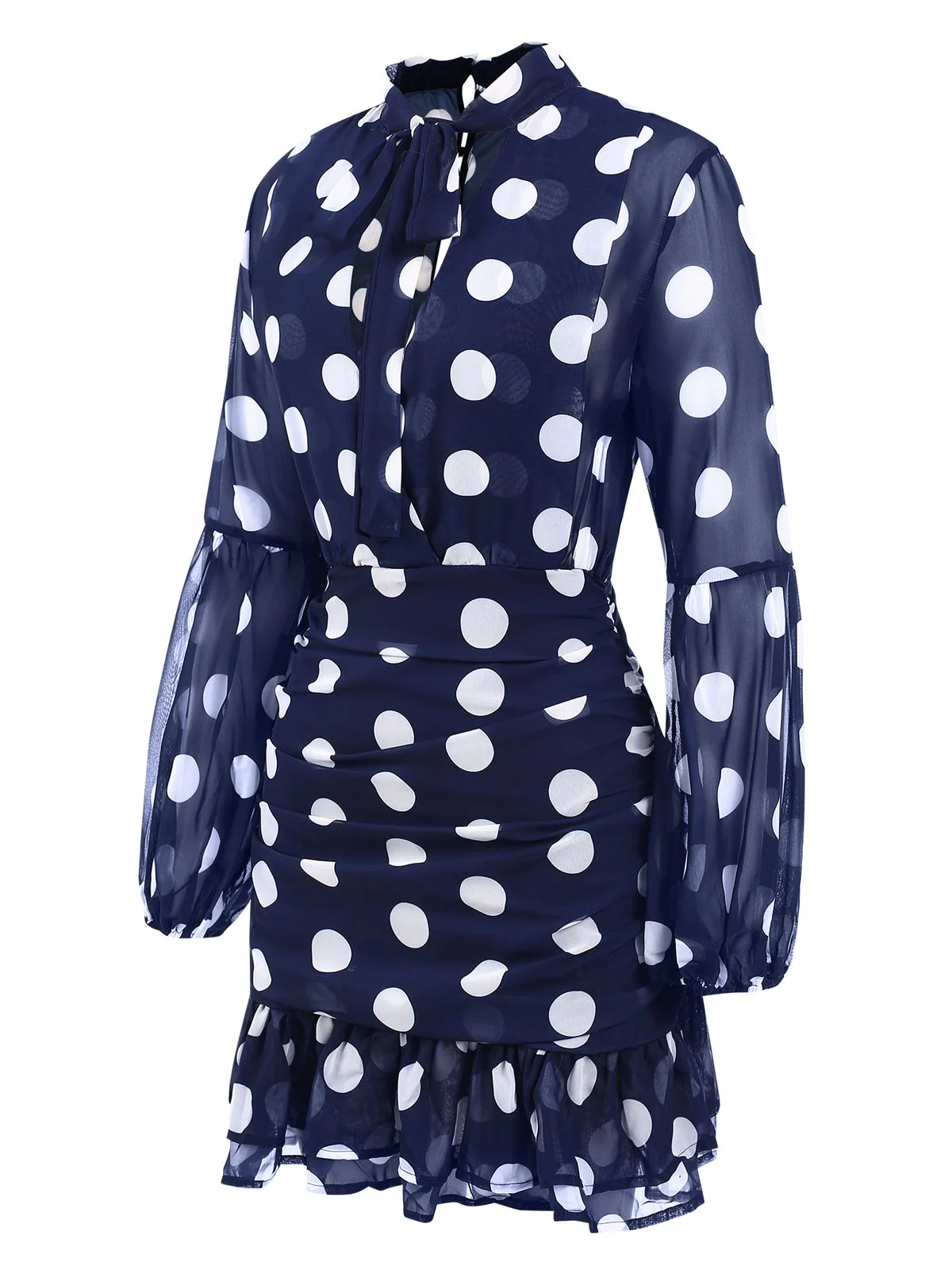 Dark Blue 1930s Polka Dots Hollow Out Ruffle Dress - Image 4
