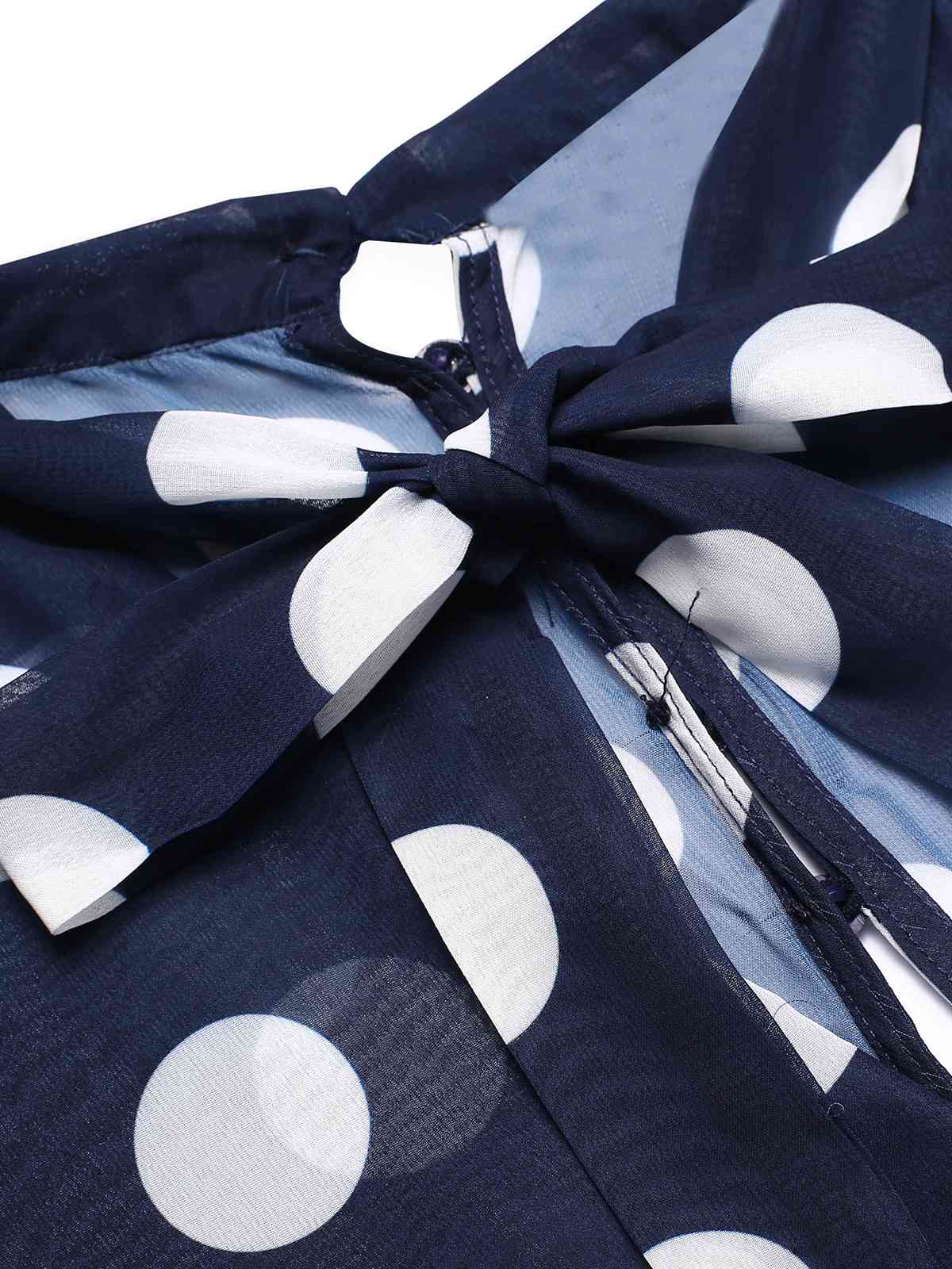 Dark Blue 1930s Polka Dots Hollow Out Ruffle Dress - Image 6
