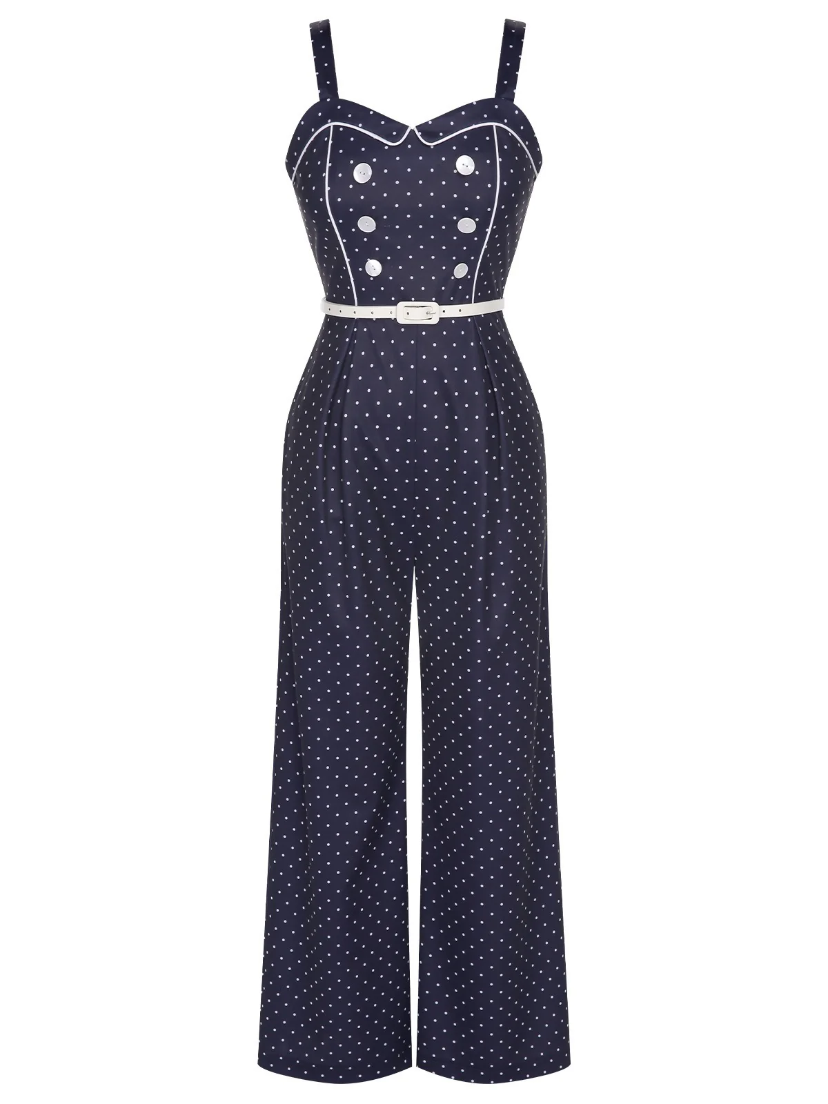 Dark Blue 1930s Polka Dots Straps Jumpsuit - Image 2