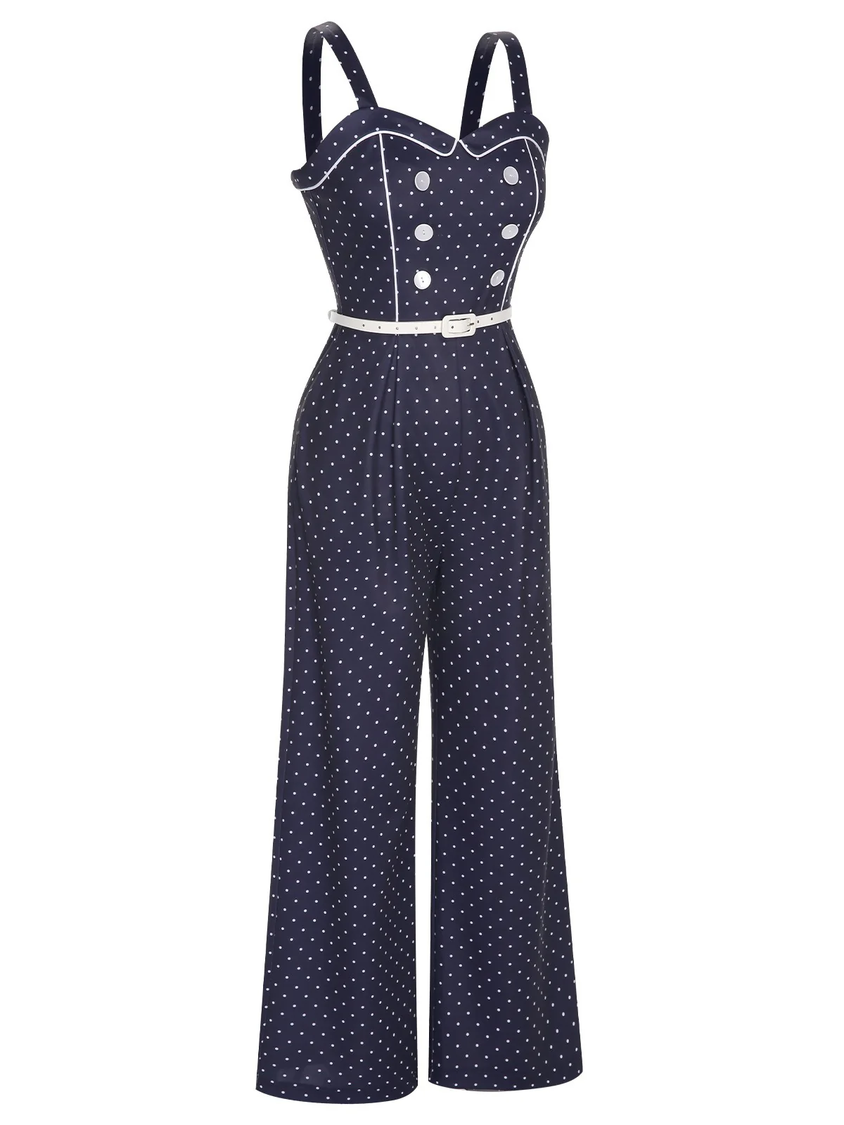 Dark Blue 1930s Polka Dots Straps Jumpsuit - Image 3