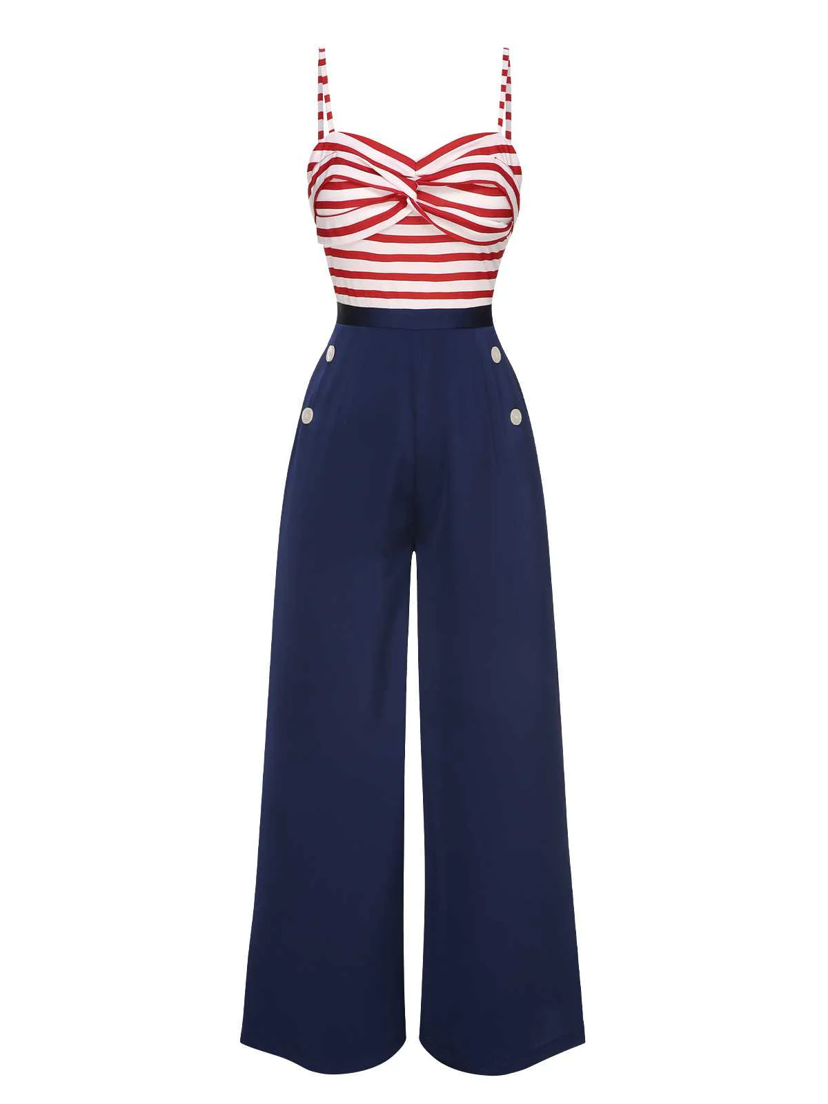 Dark Blue 1930s Spaghetti Strap Stripes Jumpsuit - Image 2