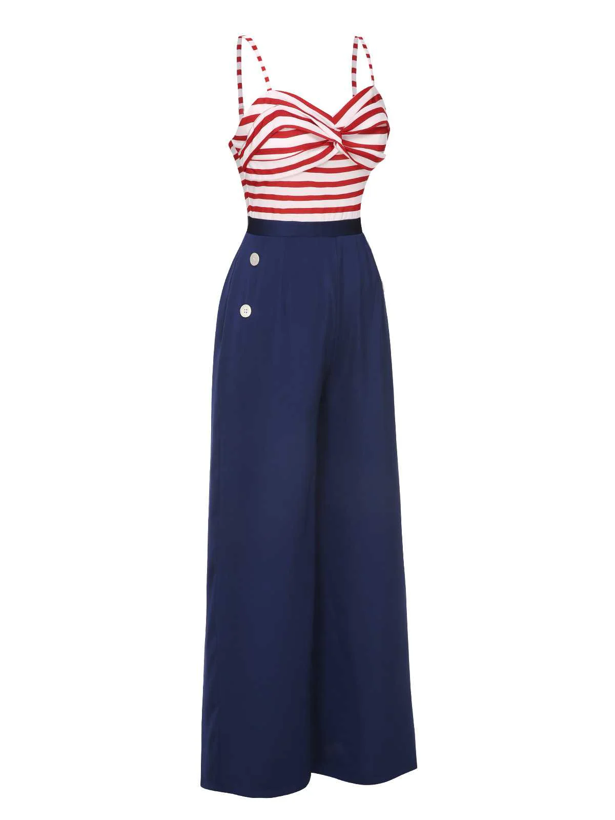 Dark Blue 1930s Spaghetti Strap Stripes Jumpsuit - Image 3