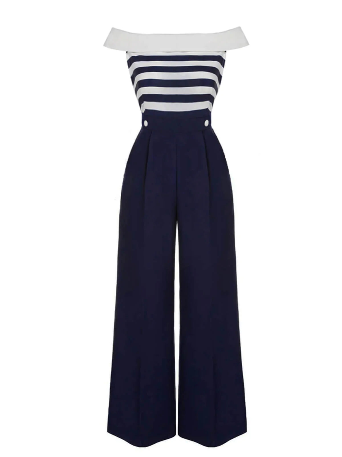 Dark Blue 1930s Stripe Off-Shoulder Jumpsuit - Image 2