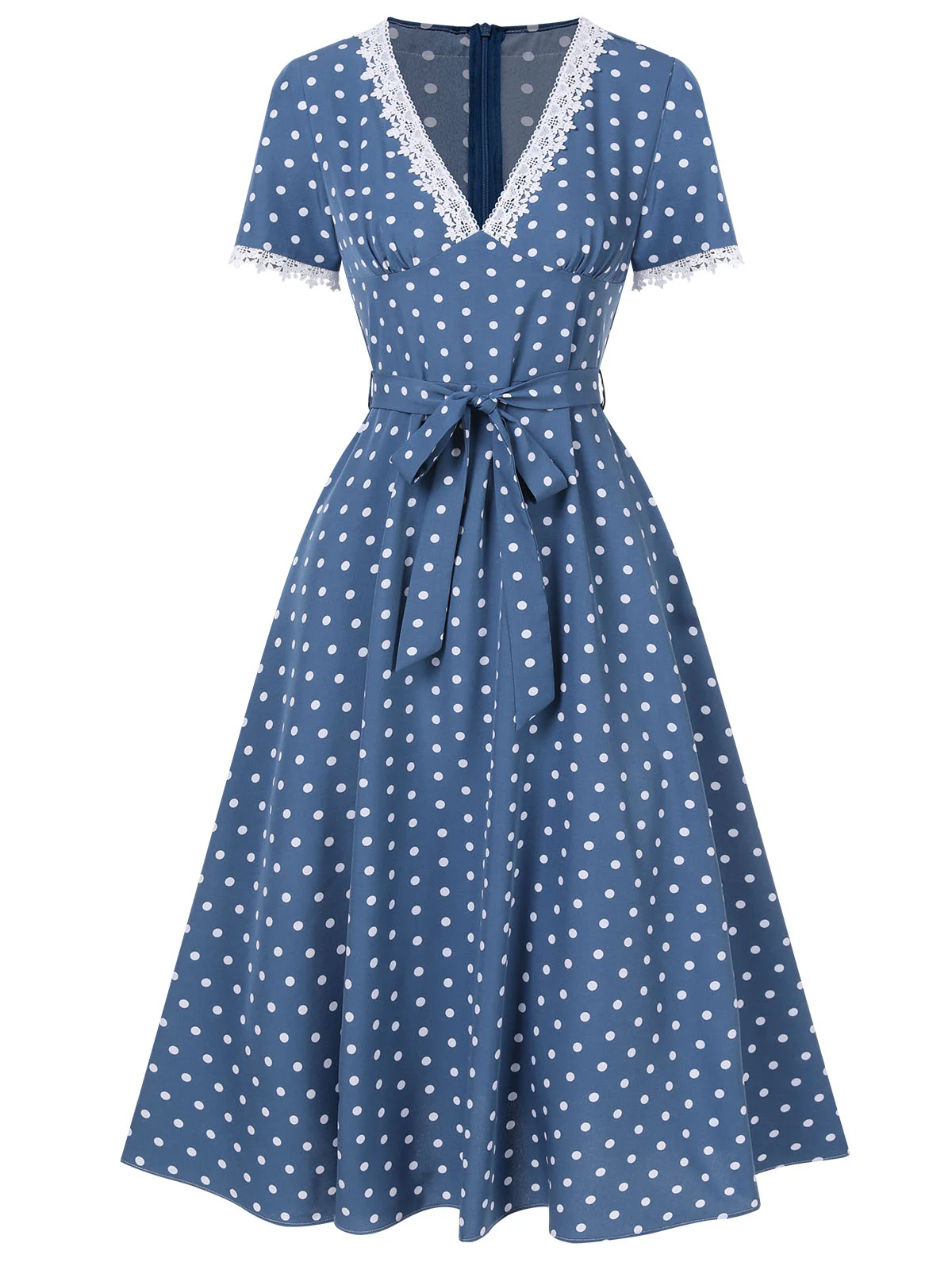 Dark Blue 1930s V-Neck Polka Dots Belted Dress - Image 2