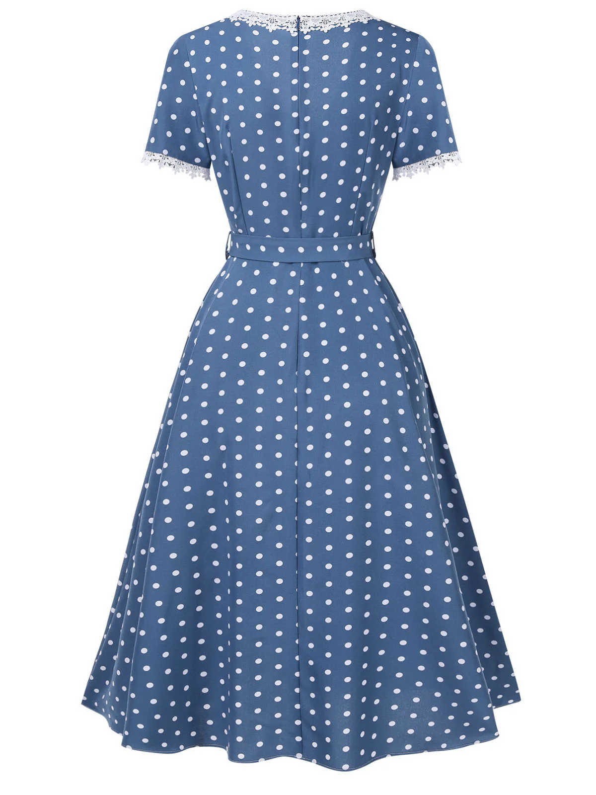 Dark Blue 1930s V-Neck Polka Dots Belted Dress - Image 3