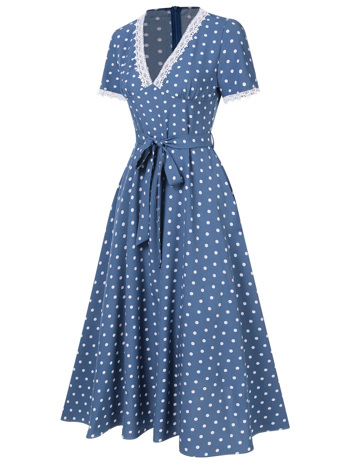 Dark Blue 1930s V-Neck Polka Dots Belted Dress - Image 4