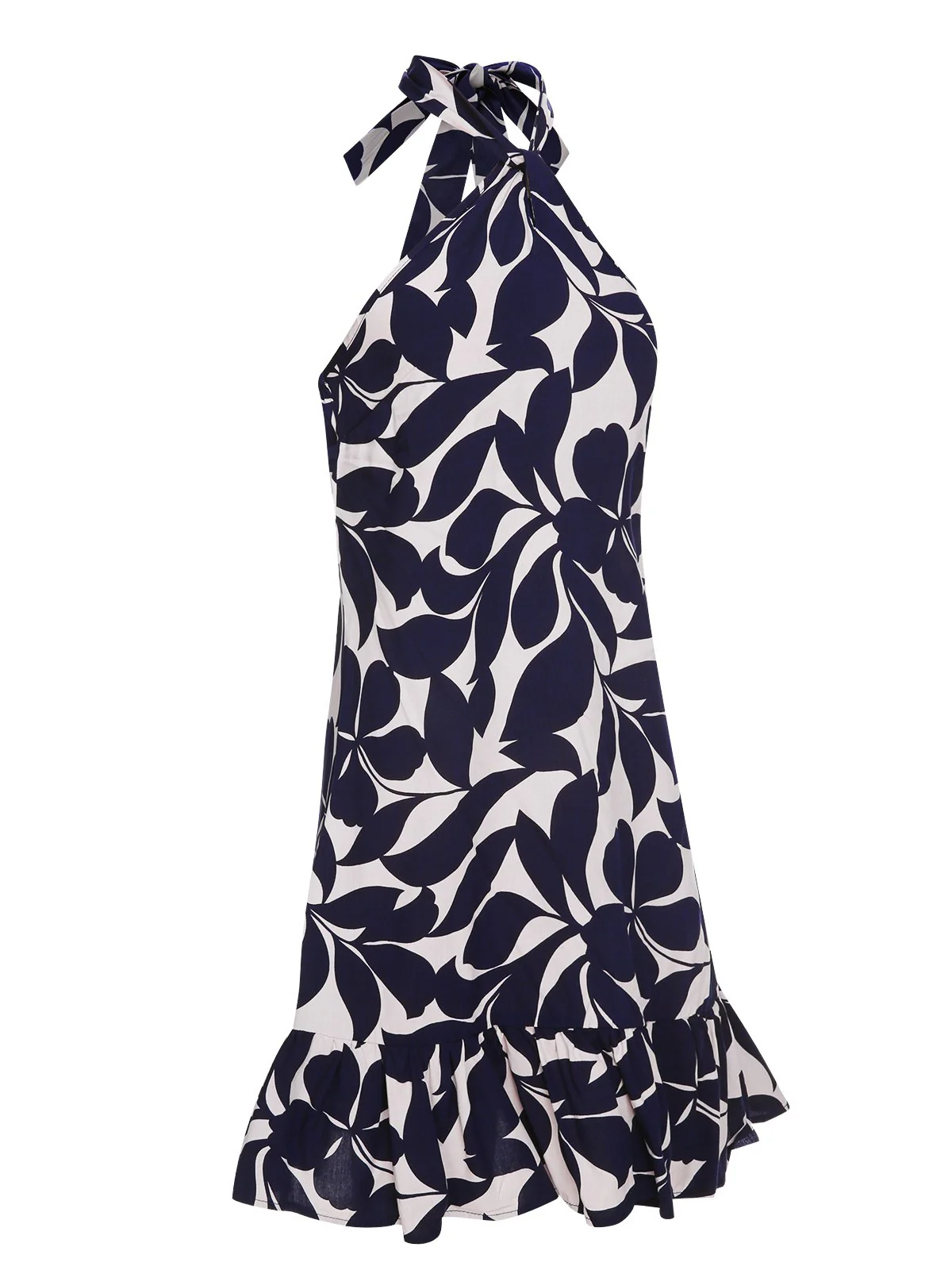 Dark Blue 1940s Backless Halter Floral Dress - Image 2
