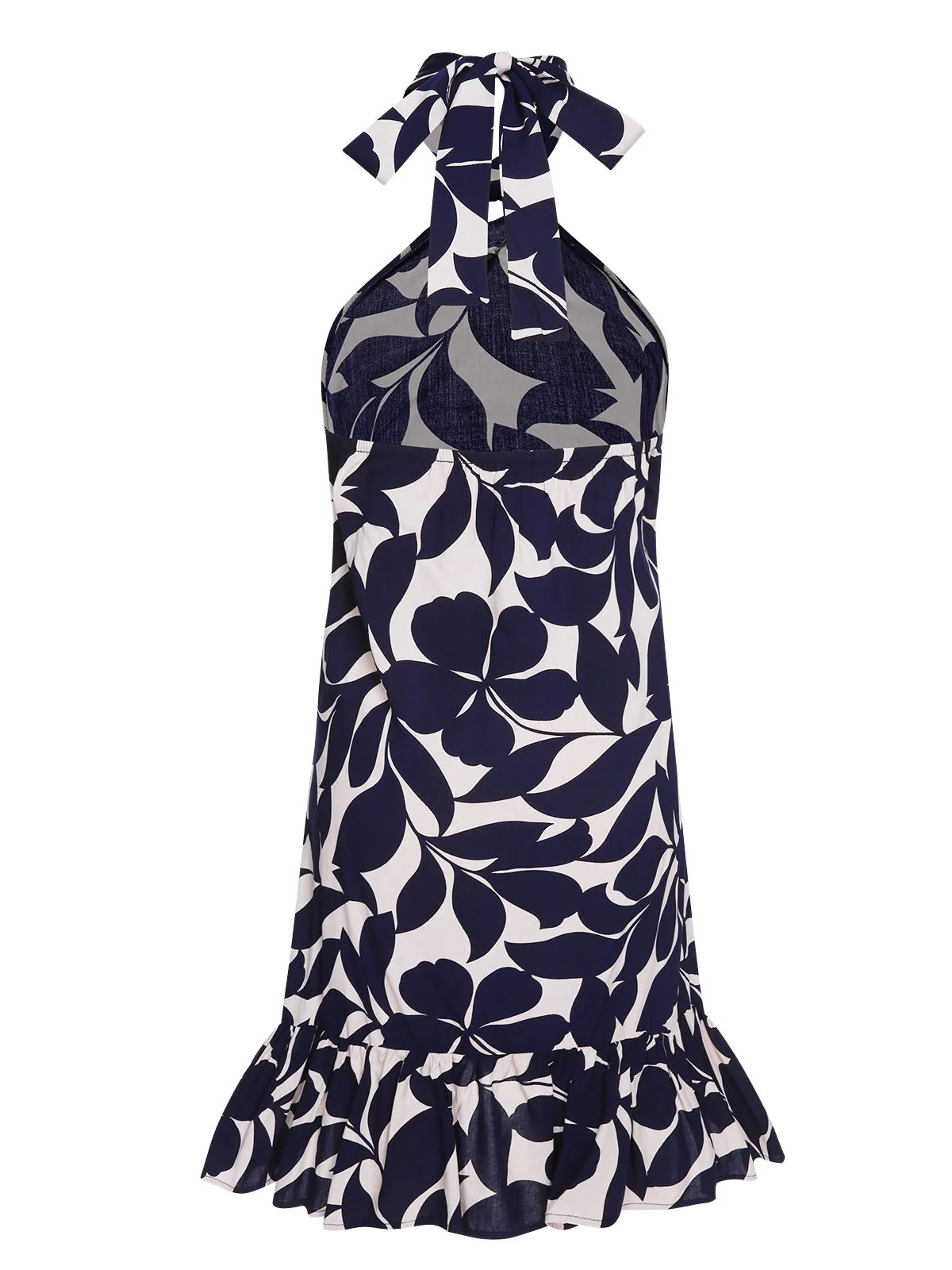 Dark Blue 1940s Backless Halter Floral Dress - Image 3