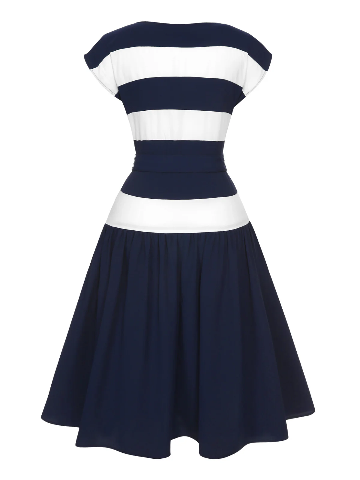 Dark Blue 1940s Boat Neck Stripe Dress - Image 2