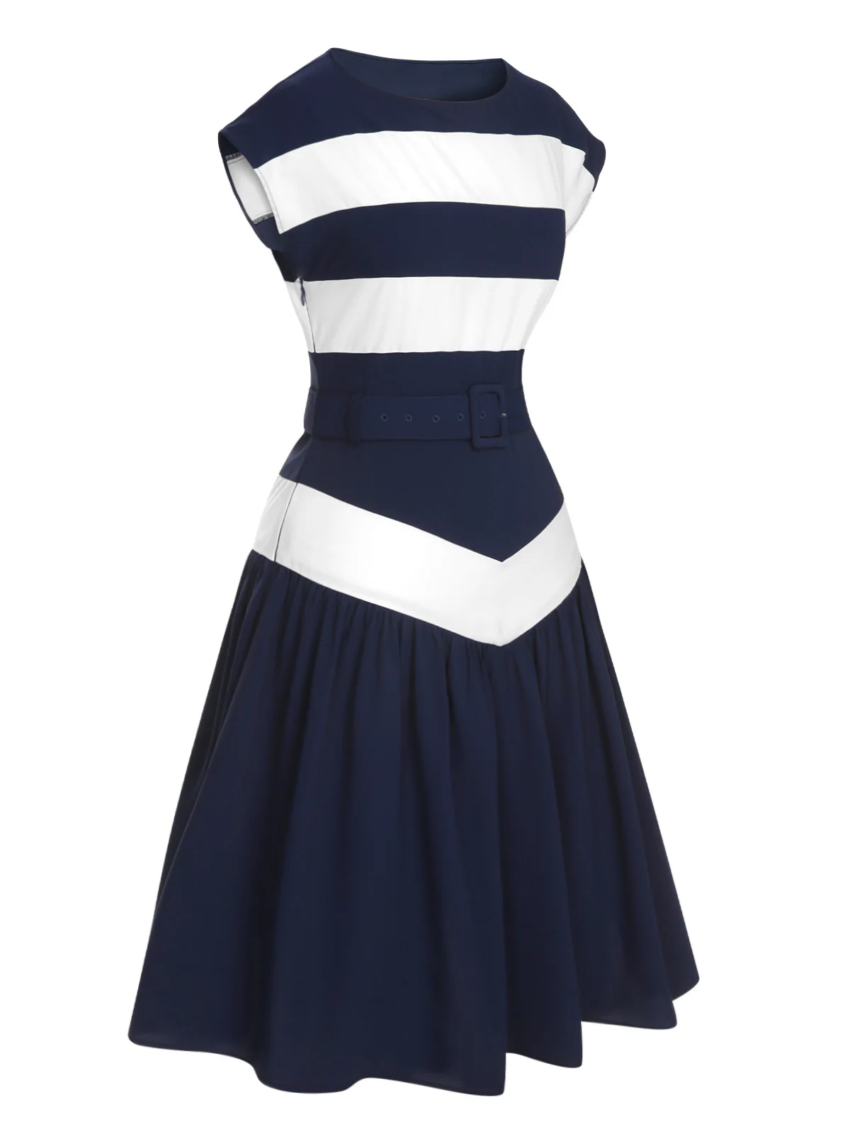 Dark Blue 1940s Boat Neck Stripe Dress - Image 3