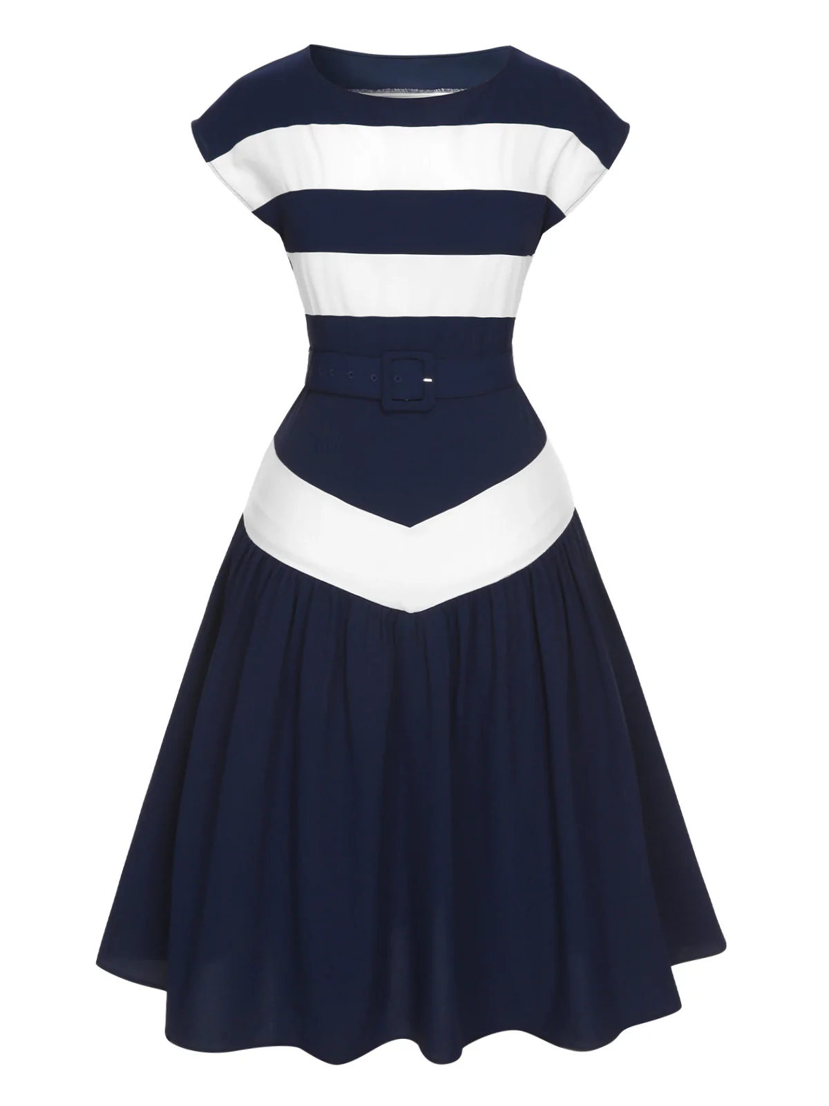 Dark Blue 1940s Boat Neck Stripe Dress - Image 4