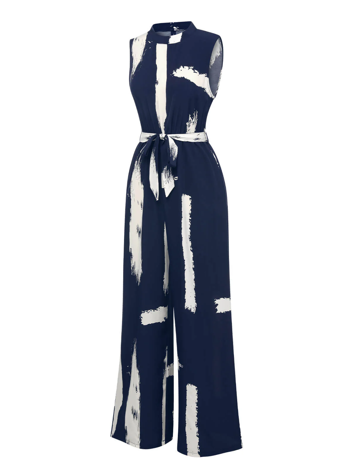 Dark Blue 1940s Brush Print Jumpsuit With Belt - Image 2