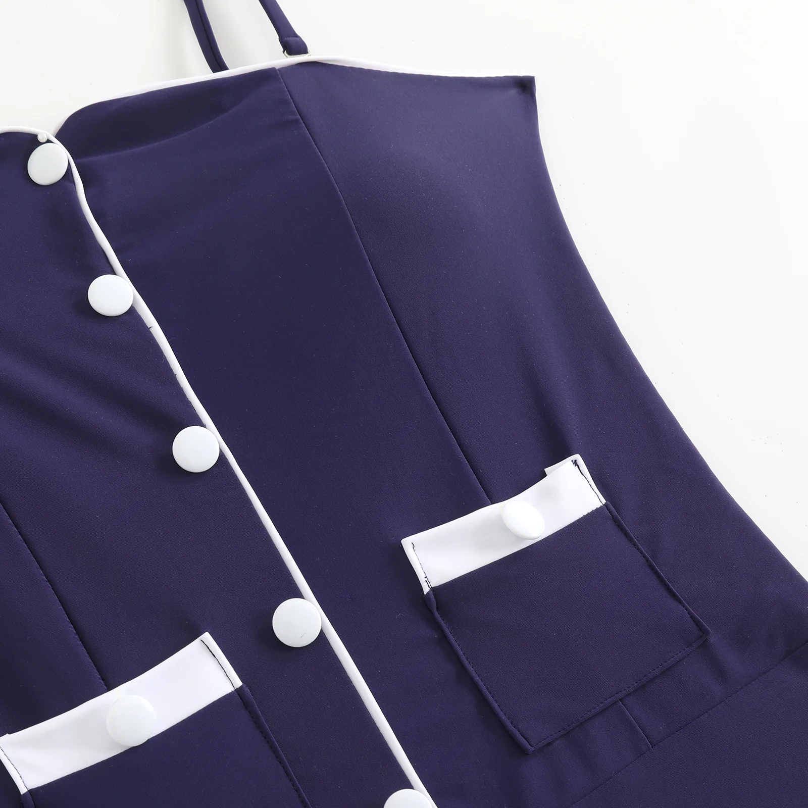 Dark Blue 1940s Button Spaghetti Strap One-piece Swimsuit - Image 3