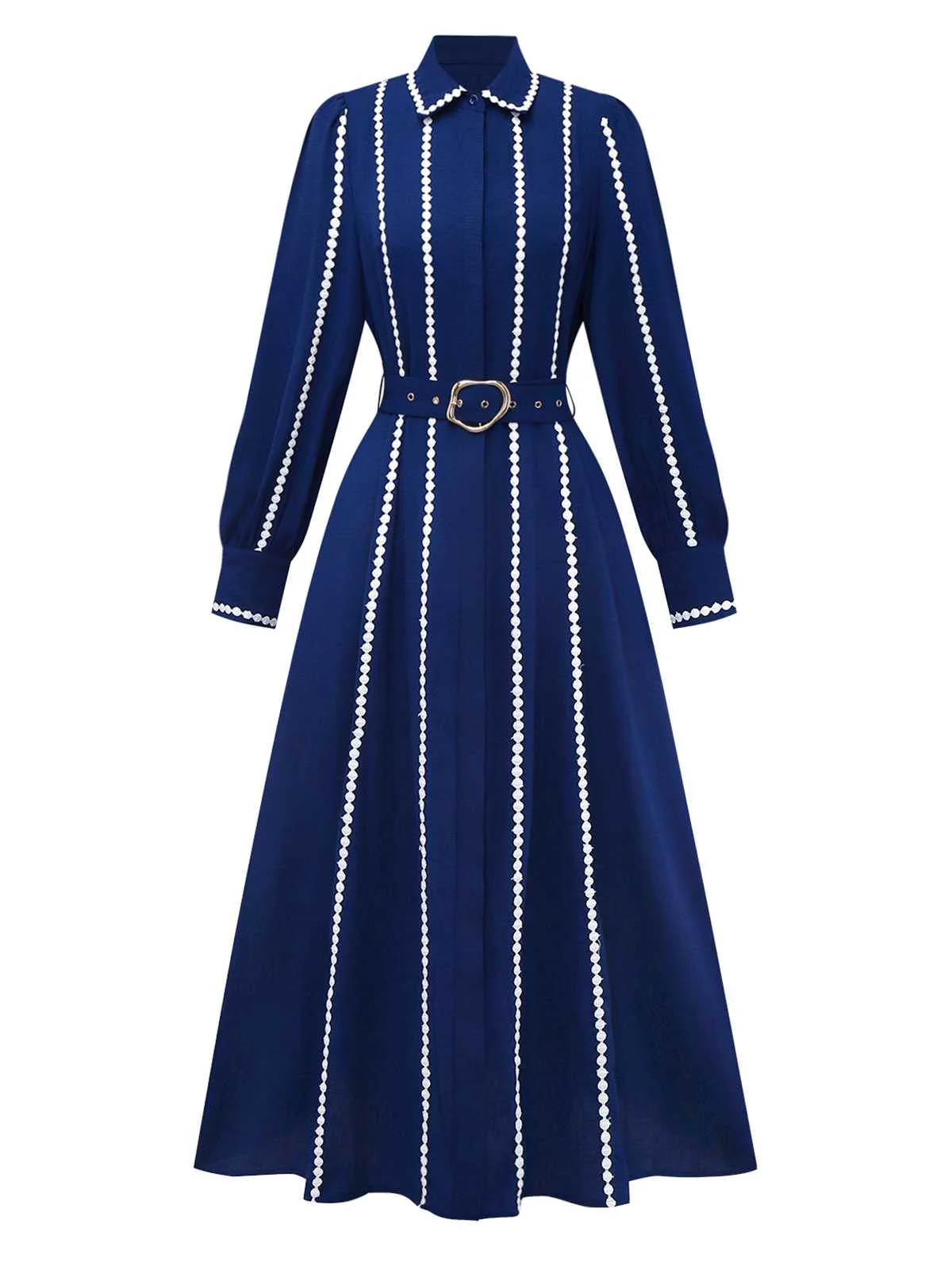 Dark Blue 1940s Contrast-Trim Belted Shirt Dress - Image 2