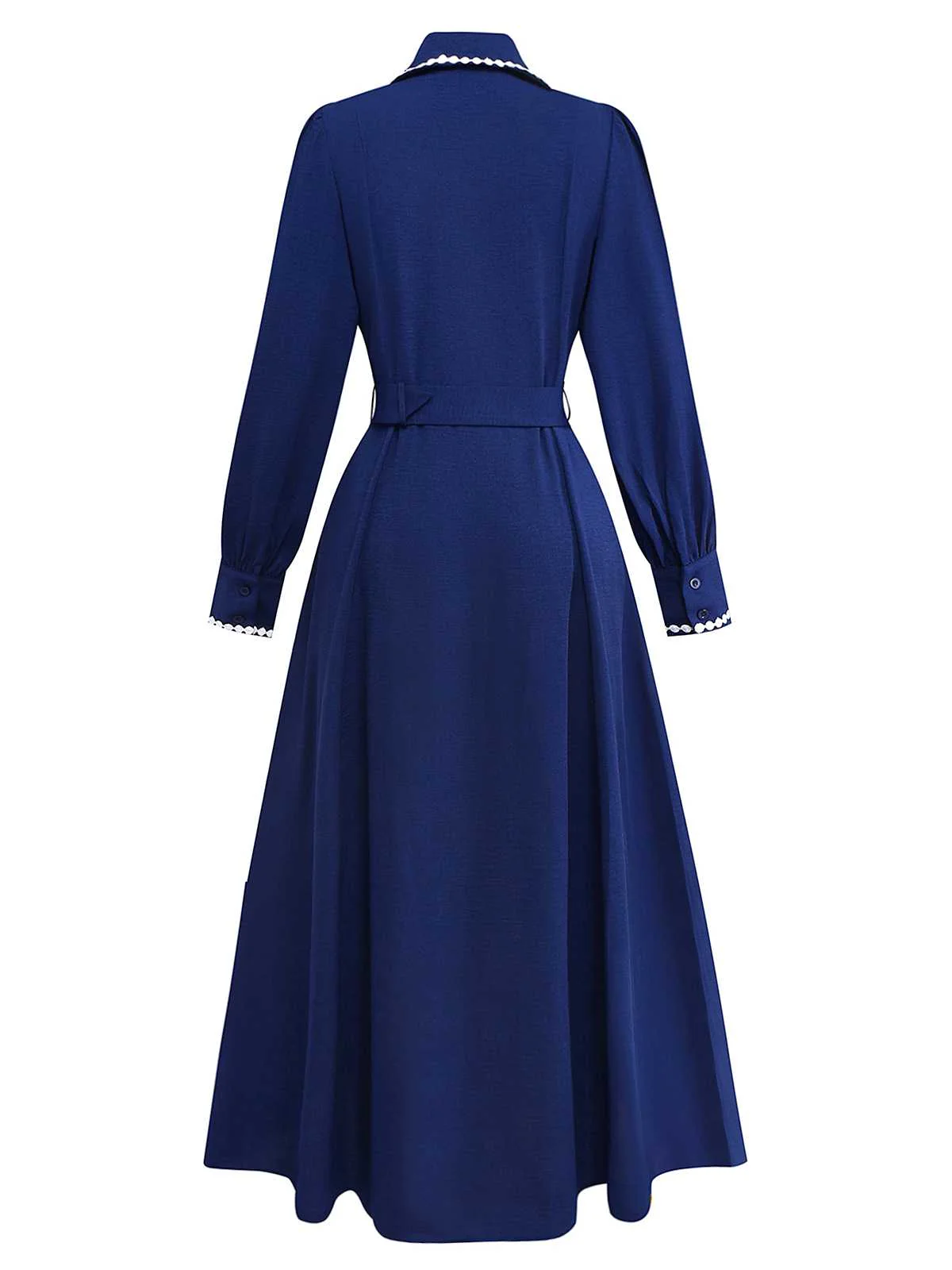 Dark Blue 1940s Contrast-Trim Belted Shirt Dress - Image 3